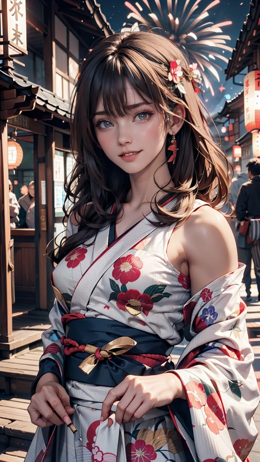 Looking at the camera,(((Highest quality, 8k, masterpiece))), Sharp focus, (Beautiful woman with perfect figure), thin, (Hairstyle: superior)), ((kimono(yukata): Cane)), street: 1.2 非常に詳細な顔と肌の質感 詳細な目 double eyelid ランダムな姿勢, (smile),ssuperiorer cute Japan person,ssuperiorer beauty Japanese girl, Realistic Face, double eyelid,smile,Summer festival , At sunset , Beautiful Teeth , Fireworks Background、Having a fan