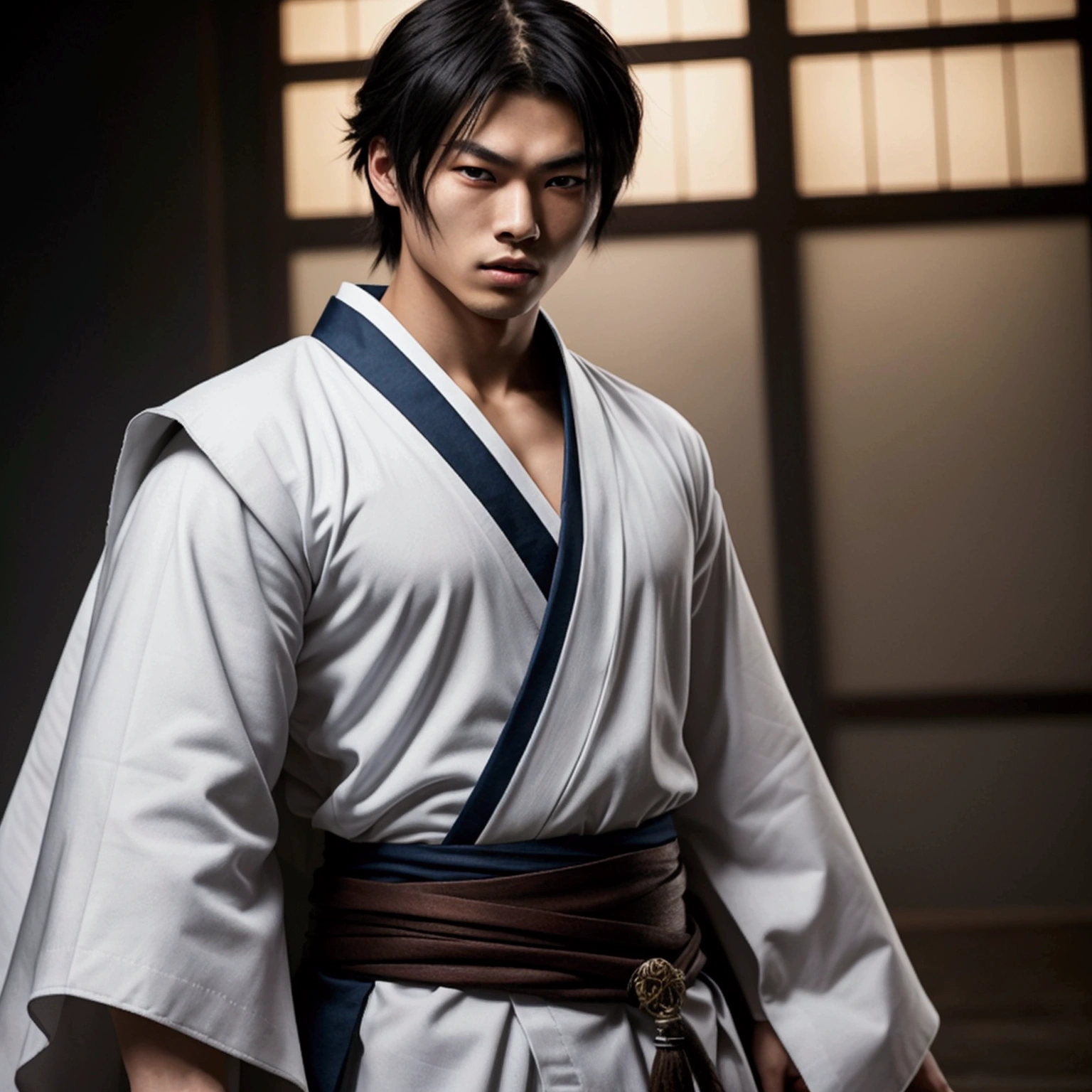 an eighteen year old Japanese man with a razualvemte full physique, have fair skin, I want you to have blue eyes and your hair covers your left eye with bangs, one eye covered by bangs, has a serious expression, and wears a white kimono, has a black cape on its back and has a strong look.. captured in an ultra-realistic full HD 4K portrait, detailed texture showing its menacing shape, Immersive atmosphere, high definition shadow play, digitalpainting, nevoa no environment. I want a katana on his waist
