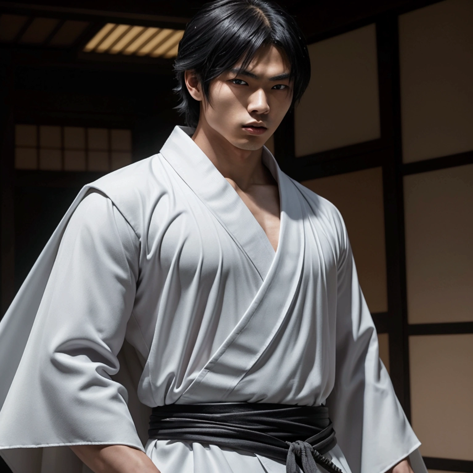 an eighteen year old Japanese man with a razualvemte full physique, have fair skin, I want you to have blue eyes and your hair covers your left eye with bangs, one eye covered by bangs, has a serious expression, and wears a white kimono, has a black cape on its back and has a strong look.. captured in an ultra-realistic full HD 4K portrait, detailed texture showing its menacing shape, Immersive atmosphere, high definition shadow play, digitalpainting, nevoa no environment. I want a katana on his waist