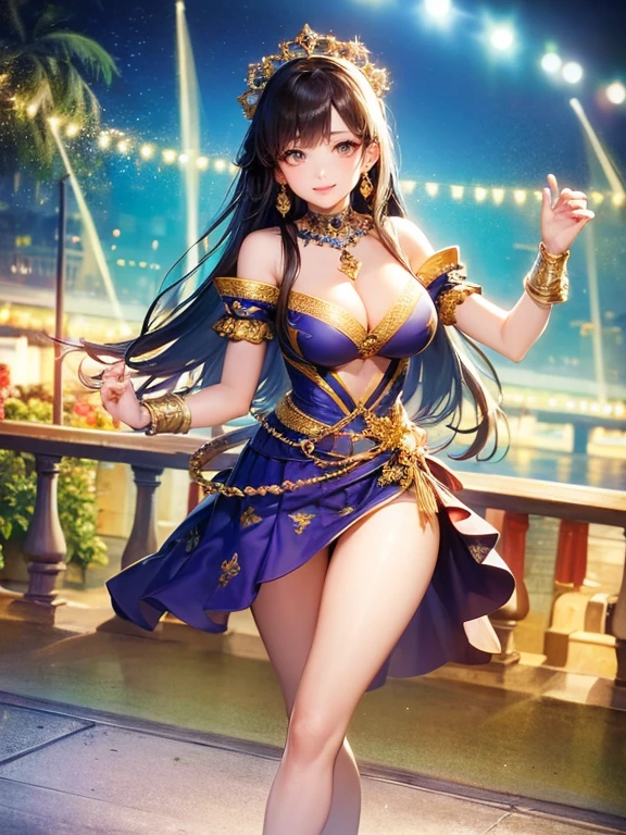 (Highest quality、 8k 、masterpiece、High resolution)、Full Body Shot、15 year old girl、Idol、Cute smile、Pretty lips、Adorable eyes、Dancing with a smile、Outdoor Stage、AKB48 Costumes、Realistic、Vibrant colors、Official Art、Detailed CG、Professional Lighting、Professional photographer、