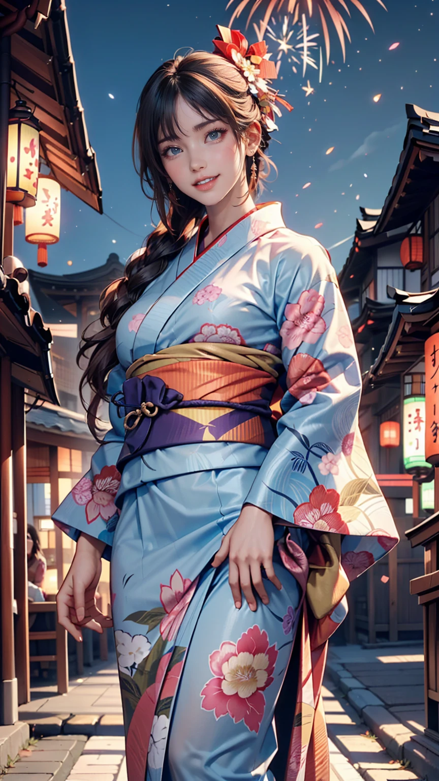 Looking at the camera,(((Highest quality, 8k, masterpiece))), Sharp focus, (Beautiful woman with perfect figure), thin, (Hairstyle: superior)), ((kimono(yukata): Cane)), street: 1.2 非常に詳細な顔と肌の質感 詳細な目 double eyelid ランダムな姿勢, (smile),ssuperiorer cute Japan person,ssuperiorer beauty Japanese girl, Realistic Face, double eyelid,smile,Summer festival , At sunset , Beautiful Teeth , Fireworks Background、Having a fan