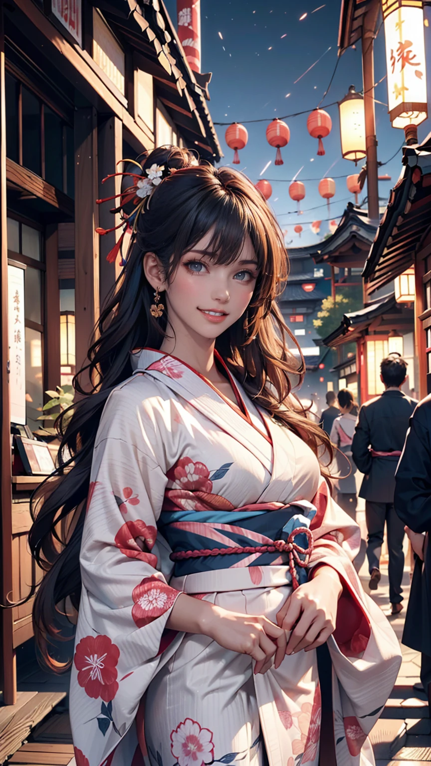 Looking at the camera,(((Highest quality, 8k, masterpiece))), Sharp focus, (Beautiful woman with perfect figure), thin, (Hairstyle: superior)), ((kimono(yukata): Cane)), street: 1.2 非常に詳細な顔と肌の質感 詳細な目 double eyelid ランダムな姿勢, (smile),ssuperiorer cute Japan person,ssuperiorer beauty Japanese girl, Realistic Face, double eyelid,smile,Summer festival , At sunset , Beautiful Teeth , Fireworks Background、Having a fan