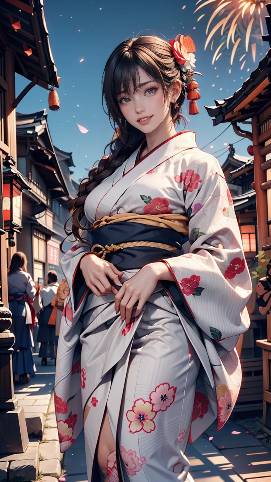 Looking at the camera,(((Highest quality, 8k, masterpiece))), Sharp focus, (Beautiful woman with perfect figure), thin, (Hairstyle: superior)), ((kimono(yukata): Cane)), street: 1.2 非常に詳細な顔と肌の質感 詳細な目 double eyelid ランダムな姿勢, (smile),ssuperiorer cute Japan person,ssuperiorer beauty Japanese girl, Realistic Face, double eyelid,smile,Summer festival , At sunset , Beautiful Teeth , Fireworks Background、Having a fan