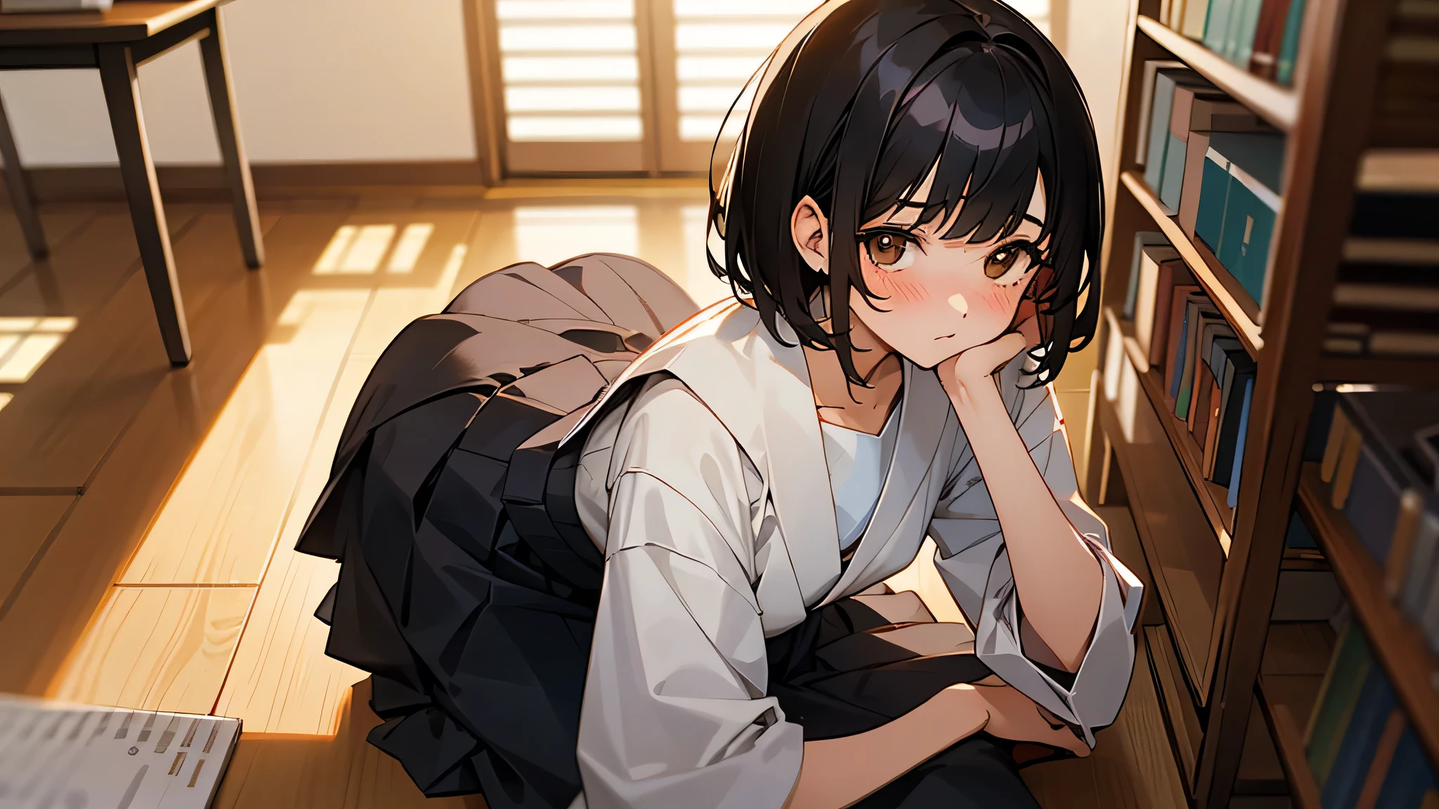 a white girl with short black hair, brown eyes, and in a japanese school uniform sitting in a library looking at the viewer blushing