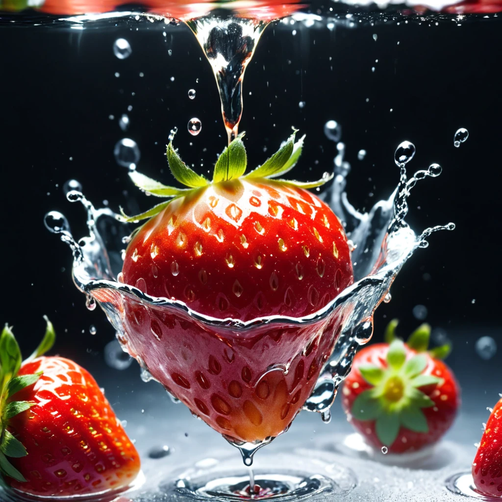 Grading RAW HD photos，Super real photos，Super real photos，digital monocular telescope，柔和的Light，Product photo of a strawberry falling into water、Dripping、splash出透明液体、splash，Dynamic Association，(main part) (best quality) (detailed) (Light) (sharp focus) (complicated), main part, best quality, Ultra-high resolution, 8k ultra high definition