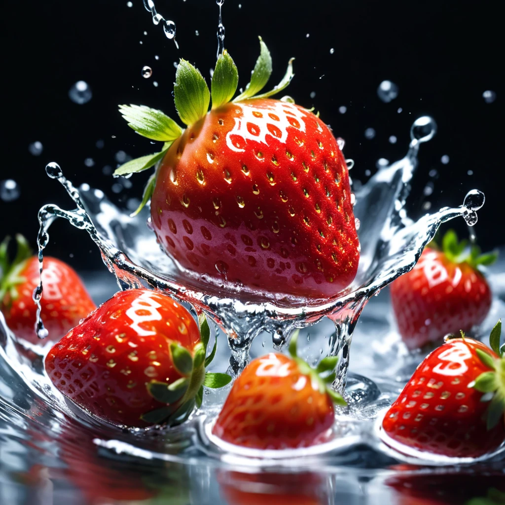 Grading RAW HD photos，Super real photos，Super real photos，digital monocular telescope，柔和的Light，Product photo of a strawberry falling into water、Dripping、splash出透明液体、splash，Dynamic Association，(main part) (best quality) (detailed) (Light) (sharp focus) (complicated), main part, best quality, Ultra-high resolution, 8k ultra high definition