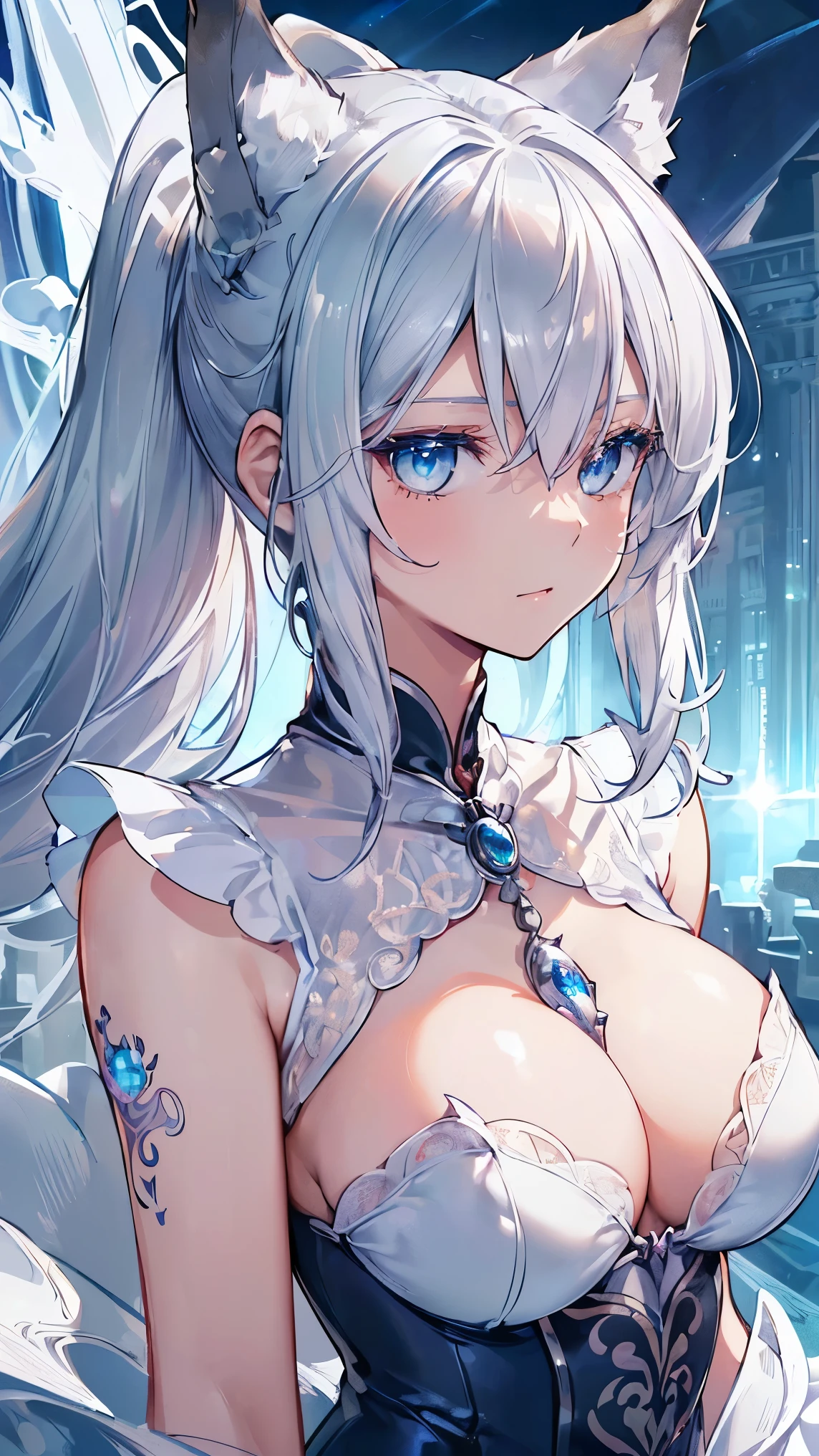 ((best quality)), ((Extremely detailed)),(16K highest quality wallpaper:1.4), (Upper Body:1.6), (Highly detailed and delicate illustration style:1.8), Delicate skin texture, Detailed fabric texture, Extremely detailed的描述, (T-Masterpiece), (The face is rich in detail:1.2), (Highly detailed silver fox ears:1.2), (Highly Detailed Shiny Ponytail:1.2), (Very detailed beautiful eyes:1.2), The original, RAW photos, professional, Intricate details, Super Detail, Direct light:1.6, (Perfect anatomical structure:1.4), (Highly delicate hands:1.2), (Very detailed fingers:1.2), (Highly detailed fingertips:1.2), (27 years old), real, (Solitary:1.6), ((Very beautiful and attractive silver fox female model:1.4)) brake (Beautiful and cute silver fox ears:1.6), (Detailed silver fox ears:1.4), (Beautiful and well-proportioned big breasts:1.2), (Beautiful and shapely buttocks), (Very beautiful and shiny rainbow hair, Colorful hair:1.6), (Very beautiful and transparent blue eyes,Shine with rainbow colors, Colored eyes:1.5), (beautiful clear blue eyes,The details sparkle:1.6), (The face is rich in detail:1.4), (Smile:1.3), (Looking at the audience:1.4), (permanent:1.4) brake (Concept Art:1.2), (Detailed fantasy art:1.2) brake (Just after noon:1.4), (Otherworldly city streets:1.6), (A different world:1.2), (Highly detailed and sophisticated backgrounds:1.2) brake ((Court Wizard's Coat:1.5),(Court wizard cloak:1.5)) brake