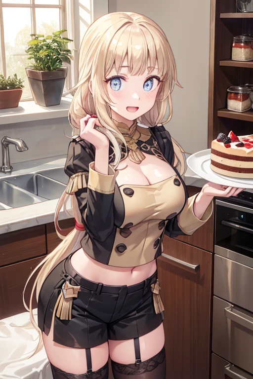 (dynamic angle:1.3, front view:1.1, breast focus:1.3, from above:1.1), (dynamic posing:1.2, sexy posing:1.2), (seductive smiling:1.3), ((looking at cake,Taking a cake out of the golden oven, worried about the outcome:1.2)),highest quality、(real、photorealistic:1.4),(ultra high resolution, 8K RAW photo, clear focus), best qualtiy, natural lighting, field depth, (Bright pupils, detailed beautiful eyes, high detailed face), Red lip, (tight focus:1.2), a girl 22yo old, Wearing a pastry chef uniform:1.3 , Thicc, thin breast, long hair, blue eyes,garter stocking, cleavage:1.2, midriff, black shorts, black thighhighs, thigh strap, pretty girl, (highly detailed beautiful face and eyes,firm breasts),real skin,((black,hair,long pony tail hair)),thin pubic hair,cute,lovely, detailed eyes,(double breasted:1.0,under bust:1.0),(with sparkling eyes and a contagious smile),open mouth, Looking at Viewer,A scene of cooking in the kitchen,looking at the golden oven
