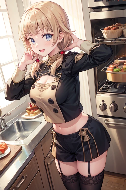 (dynamic angle:1.3, front view:1.1, breast focus:1.3, from above:1.1), (dynamic posing:1.2, sexy posing:1.2), (seductive smiling:1.3), ((looking at cake,Taking a cake out of the golden oven, worried about the outcome:1.2)),highest quality、(real、photorealistic:1.4),(ultra high resolution, 8K RAW photo, clear focus), best qualtiy, natural lighting, field depth, (Bright pupils, detailed beautiful eyes, high detailed face), Red lip, (tight focus:1.2), a girl 22yo old, Wearing a pastry chef uniform:1.3 , Thicc, thin breast, long hair, blue eyes,garter stocking, cleavage:1.2, midriff, black shorts, black thighhighs, thigh strap, pretty girl, (highly detailed beautiful face and eyes,firm breasts),real skin,((black,hair,long pony tail hair)),thin pubic hair,cute,lovely, detailed eyes,(double breasted:1.0,under bust:1.0),(with sparkling eyes and a contagious smile),open mouth, Looking at Viewer,A scene of cooking in the kitchen,looking at the golden oven
