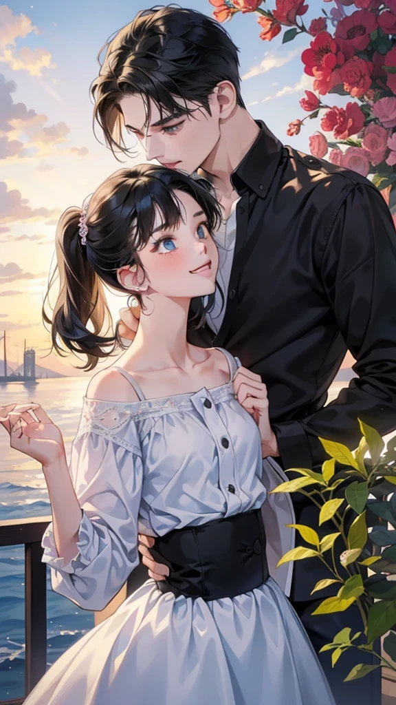 A couple, 1boy_1girl, 1_cute_kitten, play_with_kitten laugh, kitten, Black hairdled girl, happy_atmosphere, jade haired boy, romantic