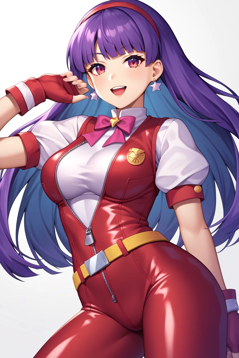 , score_8_up, score_7_up,score_6_up, score_5_up, score_4_up , 1girl, solo, kula, blue hair, red eyes, bodysuit, gloves, zipper, asamiya athena, purple eyes, purple hair, long hair, white earrings, red hairband, star hair ornament, medium breats, red vest, white turtleneck, white puffy sleeves, short sleeves, red pleated skirt, (deep red pantyhose:1.2), black pantyhose, yellow belt, purple sphere shape necklace, red fingerless gloves, white short socks, red shoes,happy, cowboy shot, simple background