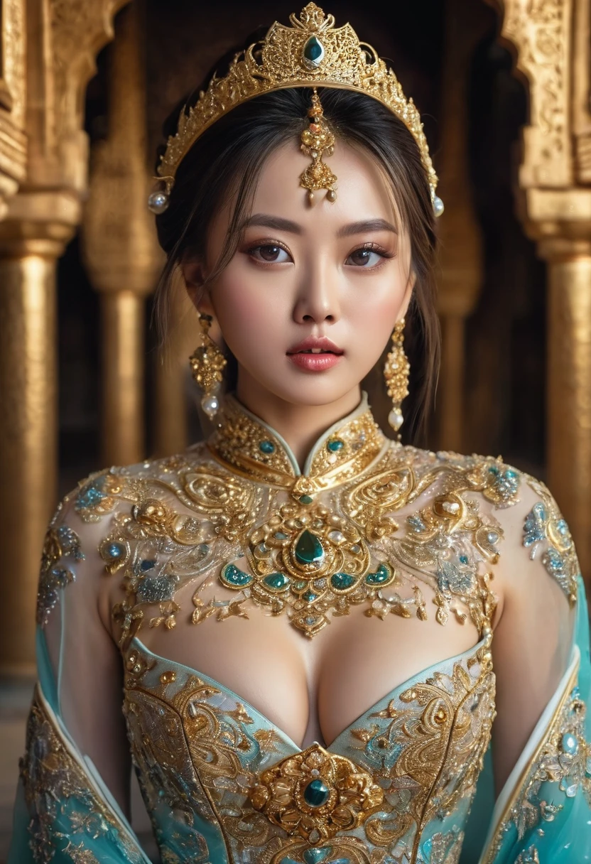masterpiece, high quality, 4K, Beautiful design, Shiny, from the front, Award-winning photo, Very detailed, wonderful, The finer details, Absurd, Very detailed女性, Very detailed eyes and face, alone, One girl, , Shiny, Big Breasts, Whiffs, Shining fabric, Encrusted with jewels, Abdomen is visible , woman wearing a Whiffs, Pose inside a castle of oriental architecture, Gold embroidery,