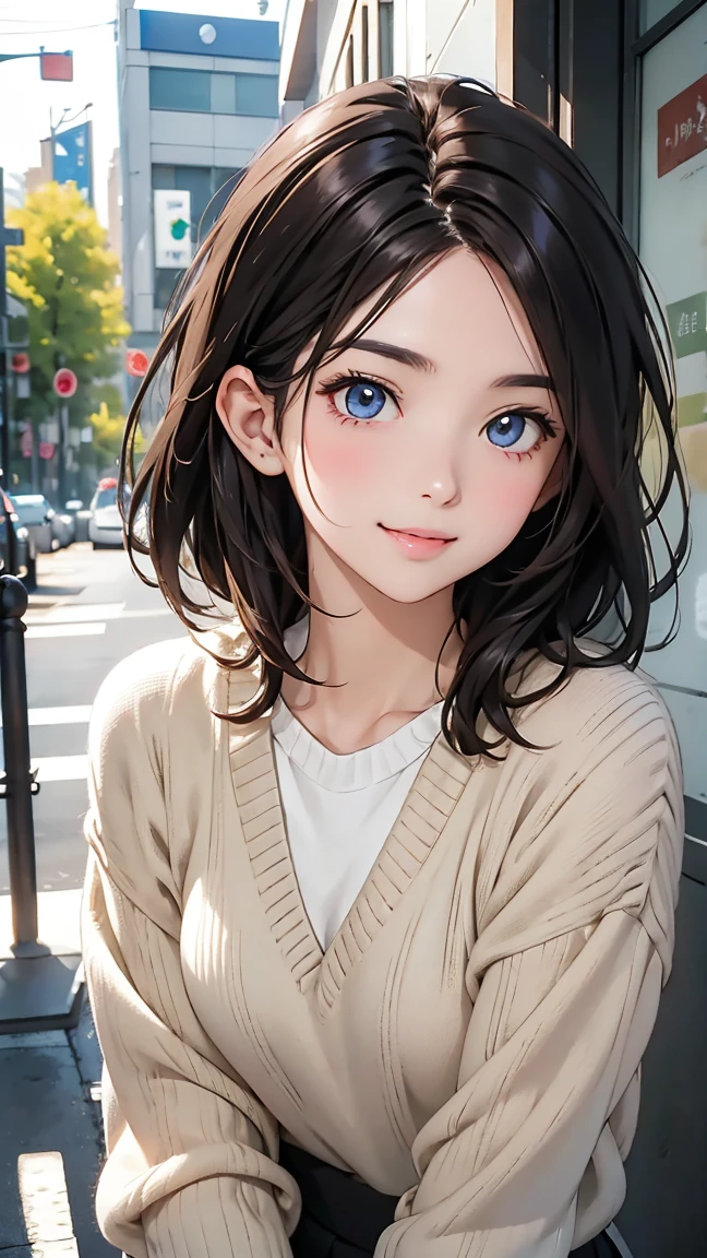 pieces fly、highest quality、figure、Super detailed、small details、High resolution、8K Dende Wallpaper、Perfect dynamic composition、detailed and beautiful eyes、winter casual wear、medium hair、small breasts、Natural color lip、bold sexy pose、shy smile、harajuku style、20 year old anime girl、cute type、Sexy shot looking at camera、