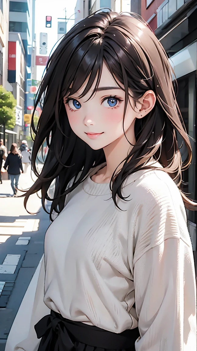pieces fly、highest quality、figure、Super detailed、small details、High resolution、8K Dende Wallpaper、Perfect dynamic composition、detailed and beautiful eyes、winter casual wear、medium hair、small breasts、Natural color lip、bold sexy pose、shy smile、harajuku style、20 year old anime girl、cute type、Sexy shot looking at camera、