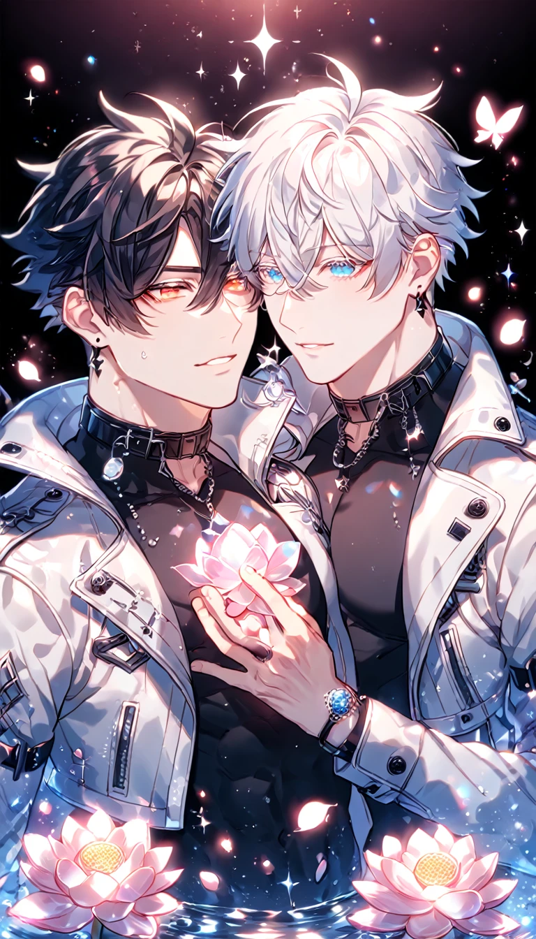 absurdres, highres, ultra detailed, HDR) master piece, best quality, Flamebringer, black hair, expressive orange eyes, black tight shirt, cropped leather jacket, black collar, black earrings, Arknights, Gojou Satoru, white hair, expressive blue eyes, white eyelashes, white coat, two sexy men together, yaoi, gay couple, handsome, magical, fantasy, pink butterflies, glittering, sparkling, pink lotus, petals, radiant, water, crystal glass style, manly man