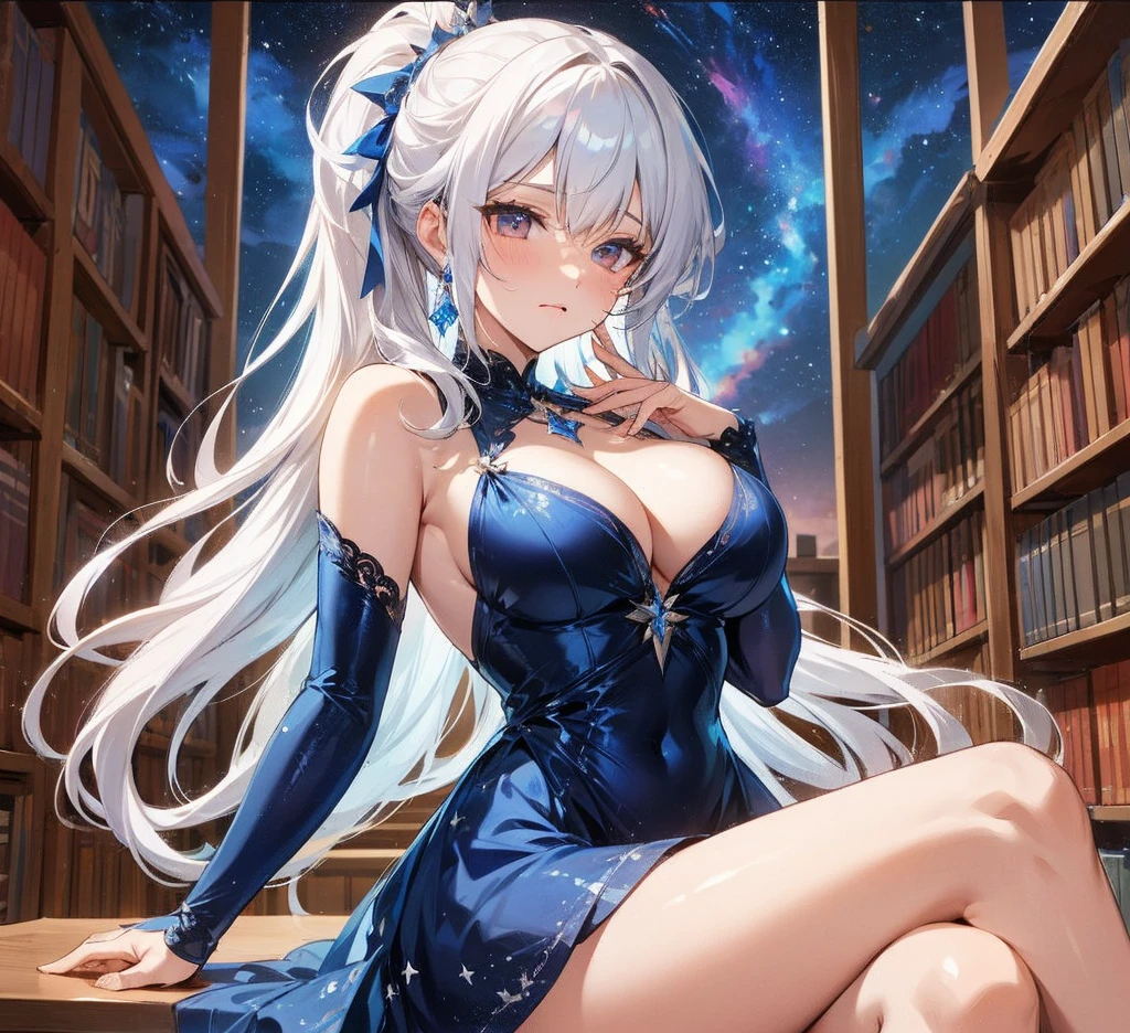 White hair , black dress
