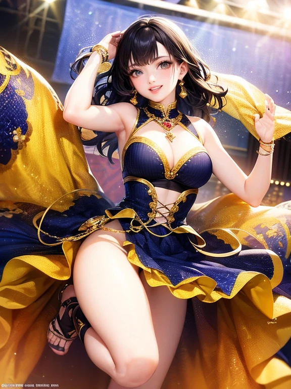 (Highest quality、 8k 、masterpiece、High resolution)、Full Body Shot、15 year old girl、Idol、Cute smile、Pretty lips、Adorable eyes、Dancing with a smile、Outdoor Stage、AKB48 Costumes、Realistic、Vibrant colors、Official Art、Detailed CG、Professional Lighting、Professional photographer、