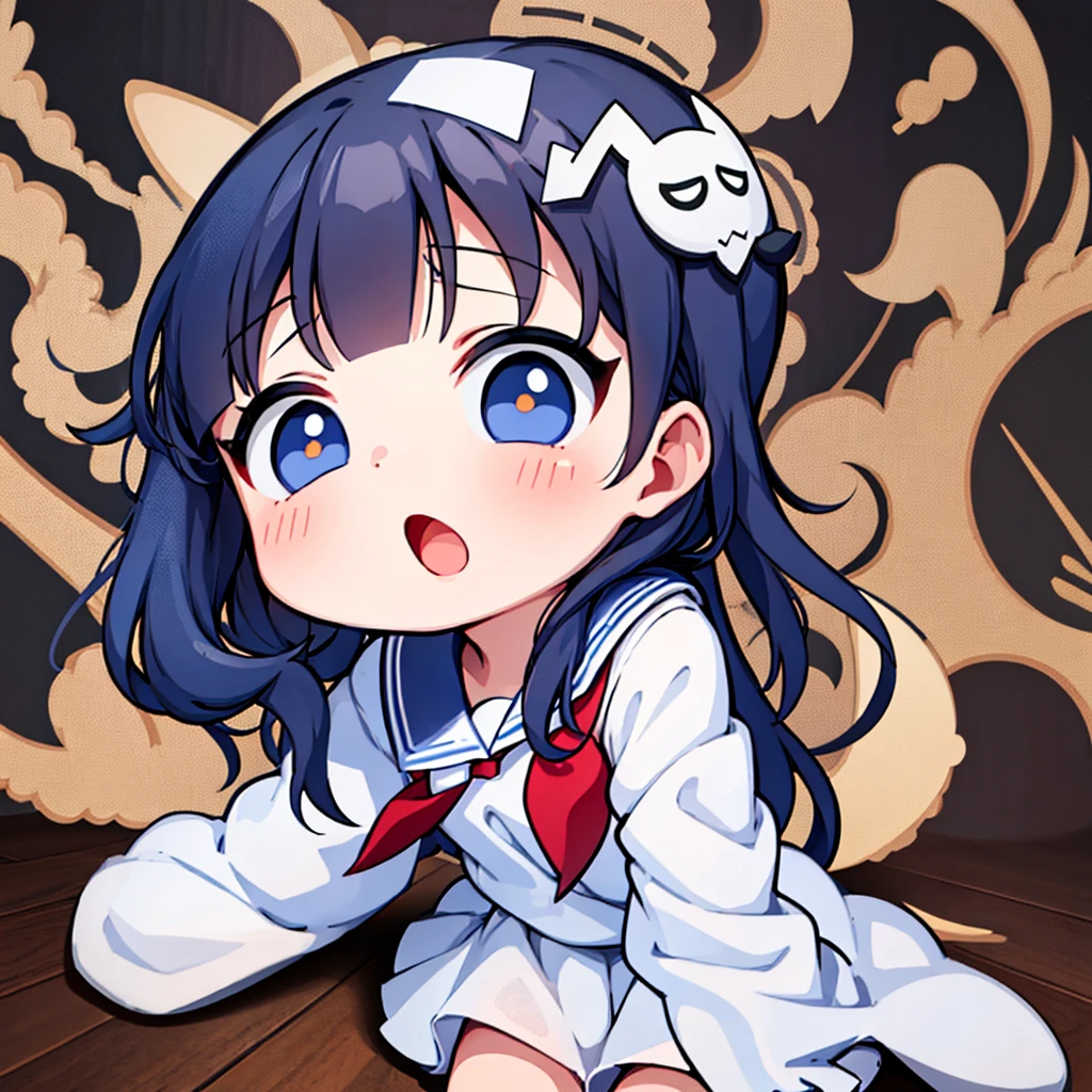 White background、Little、cute、5-year-old girl in navy blue sailor suit、Dynamic composition、Front facing the viewer、
