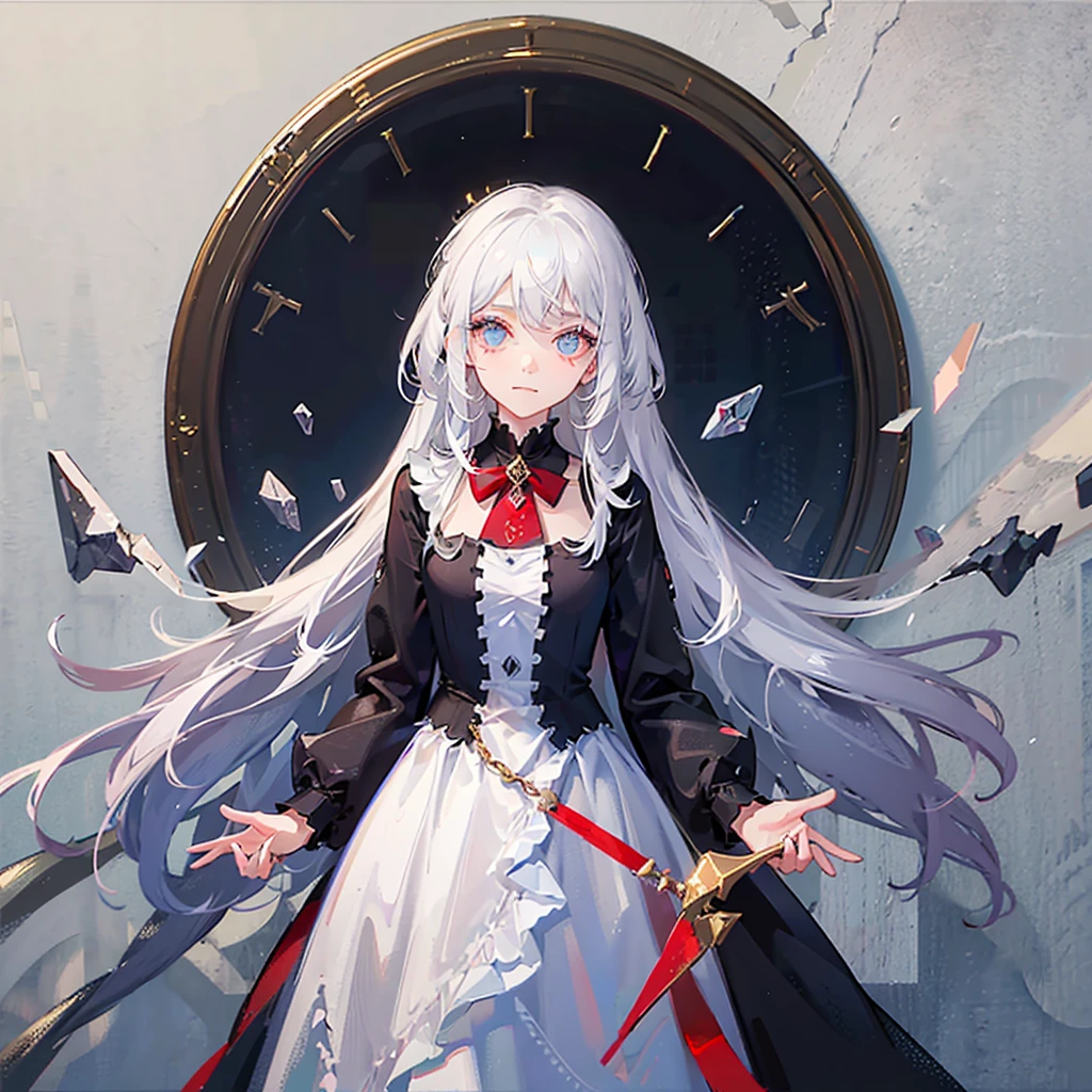 golden beautiful eyes, palid skin, white hair, red bowtie, black dress, simple white background, crystal shards, fragmented reality