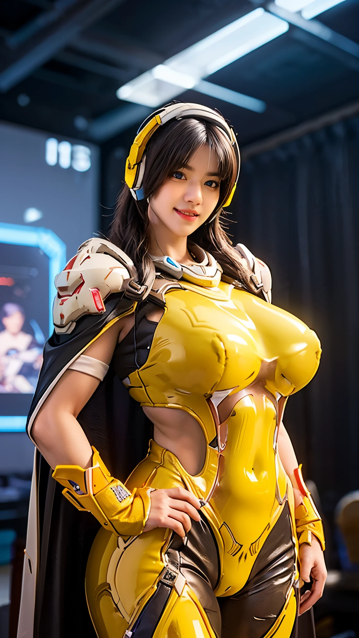 Cosplayer_Queen, CLOSE UP UPPER BODY,solo, COWBOY SHOT, ((E-SPORT HEADPHONE, ASIAN WAVY BLODE HAIR:1.4)), (GIGANTIC FAKE BREASTS,11 LINE ABS:1.5), (TIGHT YELLOW FUTURISTIC MECHA BODYSUIT OVERWATCH, ROYAL LONG CAPE:1.5), (MUSCULAR SLENDER BODY SHAPE:1.5), (CLEAN GLOSSY BODYSKIN:1.5), (LOOKING AT VIEWER:1.6), (BACKGROUND FUTURISTIC SPACE STATION:1), (Photorealsitic:1.4), (Ultra-detail), (TOP-QUALITY), (BEST SHADOWS), BRIGHT LIGHT IN ROOM, HYPER TEXTURE, (4X MSAA), ((UNREAL ENGINE 5 RENDER)), (NEON), PHYSICALLY-BASED RENDERING, ULTRA HIGHT DEFINITION, 16K, 1080P.