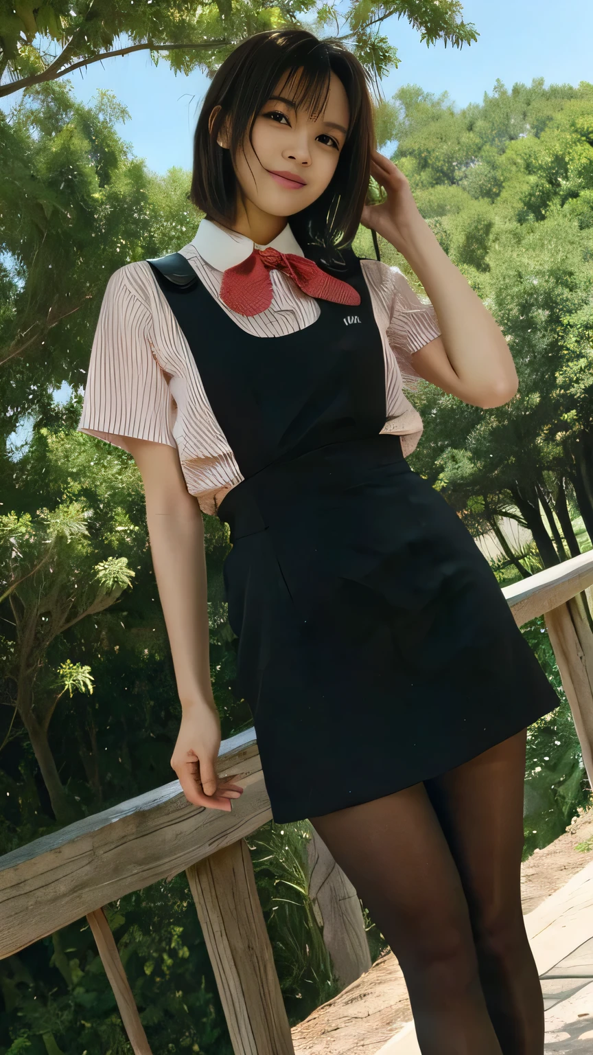 Highest quality、8k、masterpiece、Ultra-high resolution、Clear photos、Professional Lighting、Natural light、Realistic,、Highly detailed skin、Perfect Anatomy、(Beautiful Hands)、(Beautiful fingers)、One Woman、Age 25、Baby Face:1.8、Large Breasts、(Large areola)、Glamour、Bob Hair、Brown Hair、Beautiful Hair、smile、Star Uniform、Black vest、Short-sleeved shirt、Black tight mini skirt、((Perfect Pantyhose:1.2))、((Black Pantyhose:1.1))、Plateau scenery、On the hiking trail、Attractive pose