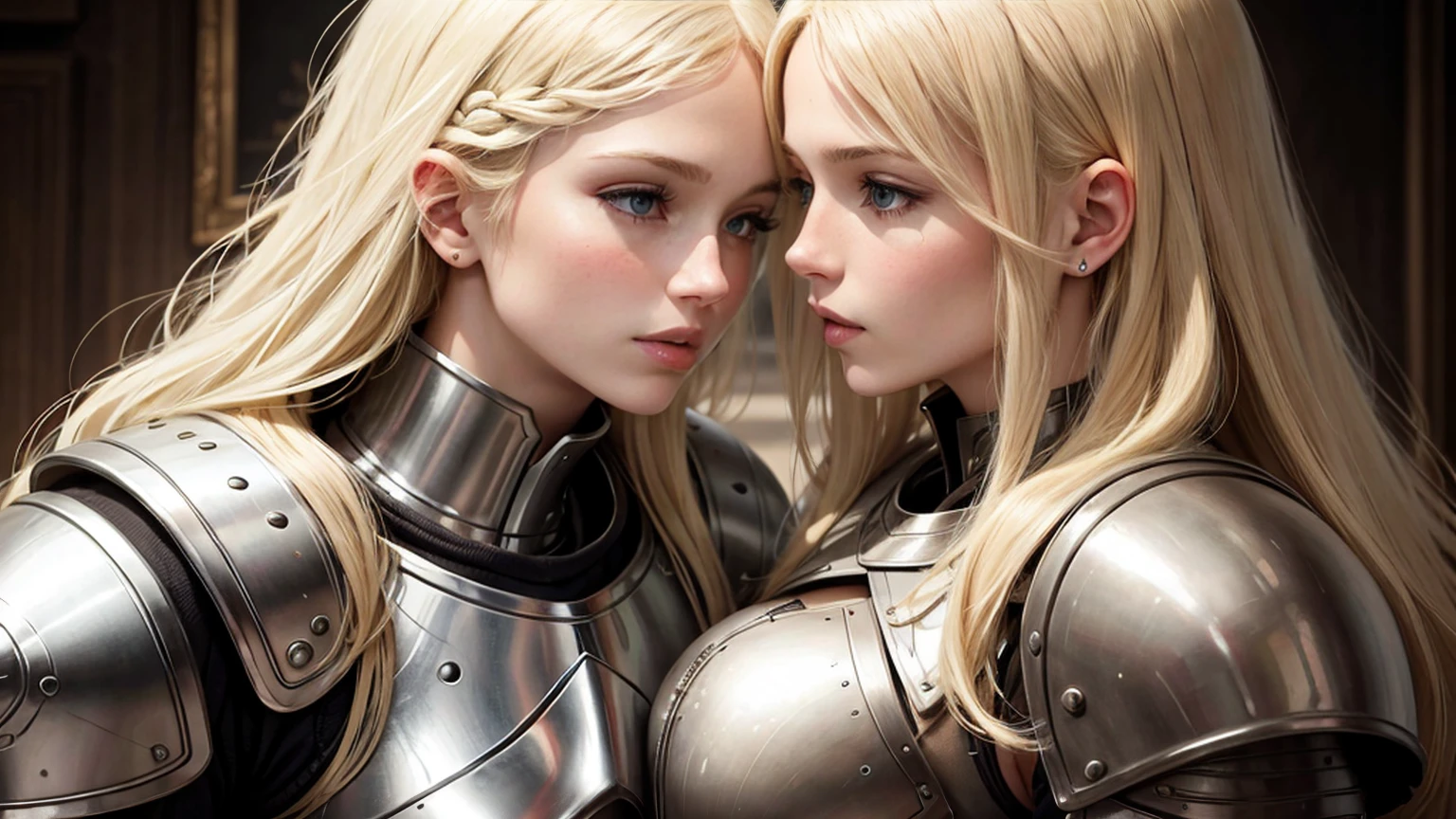 Blond girls white Womans. In armor Womans kiss