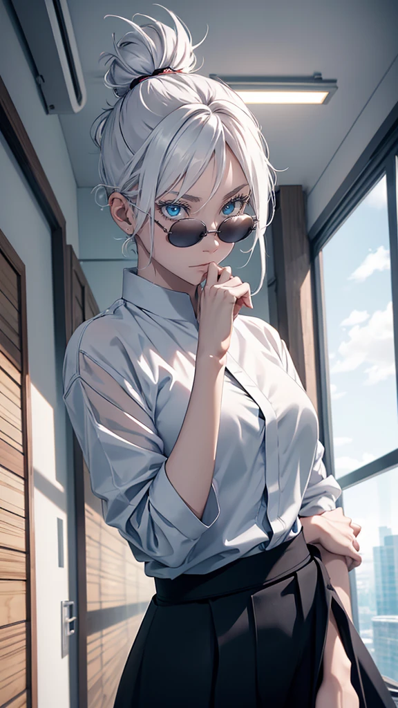 Woman, famous version, female, standing alone, standing alone, JUJUTSU KAİSEN, White hair, hair bun, white eyebrows, white eyelashes, clear blue eyes, detailedeyes, Wearing Round Sunglasses, wearing black shirt, black leagwear, class room, high qualiy, 4k resolution, アニメ