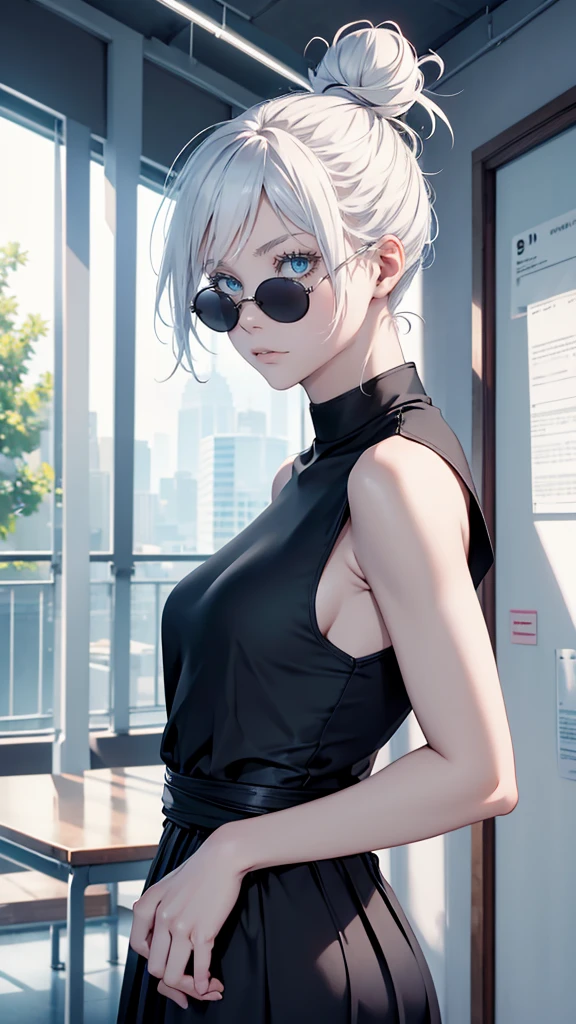 Woman, famous version, female, standing alone, standing alone, JUJUTSU KAİSEN, White hair, hair bun, white eyebrows, white eyelashes, clear blue eyes, detailedeyes, Wearing Round Sunglasses, wearing black shirt, black leagwear, class room, high qualiy, 4k resolution, アニメ