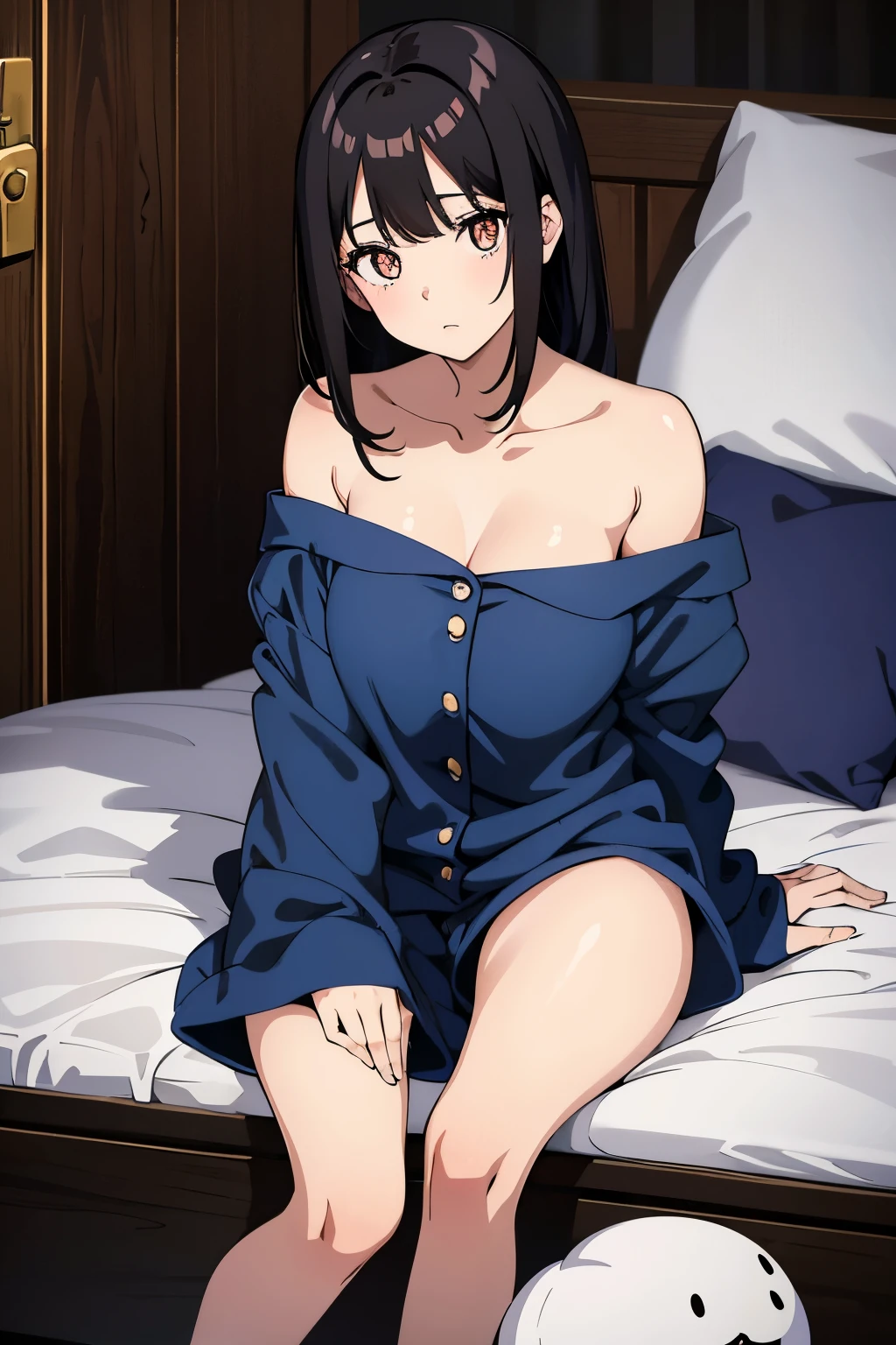 anime styling,a girl with shoulder-length black hair,fair skin with white eyes and dark brown pupils,neutral look,rosto comprido,1,77cm,medium droopy eyes, blue pajamas with blue slippers