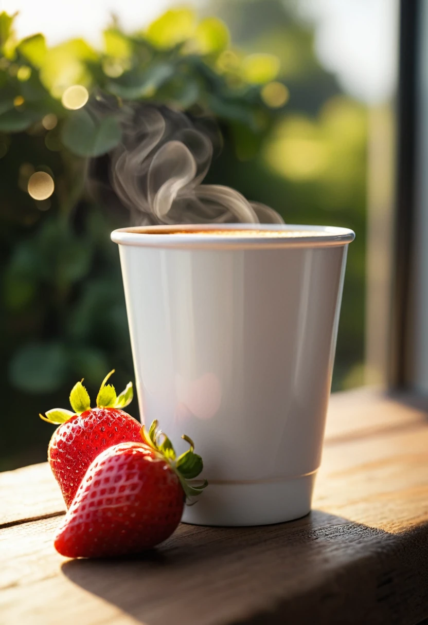 Best still life composition(best quality,4K,8k,High resolution,masterpiece:1.2),Super detailed,(actual,photoactual,photo-actual:1.37),latté(clear focus、obvious)There is slight smoke in the white ceramic cup.Artist coffee impression.The texture of a strawberry is clear.Sophisticated and elegant...modern style.Fresh coffee beans on a wooden bench next to.core and texture. Freshness and flavor.Super detailed.(super quality,Super detailed,Ultra-complex,extremely complex)Soft and natural light and shadow.Reverse fragrance.no humans.super wide angle, (Detailed texture),Bokeh background of window view, natural soft light,(Morning Scene.warm sunshine in the morning)Ray tracing, Vignetting, Wide-angle lens, super wide angle, best qualitycinematic lighting, Depth of Field, outer boundary, Negative space, Masthead image with mailbox