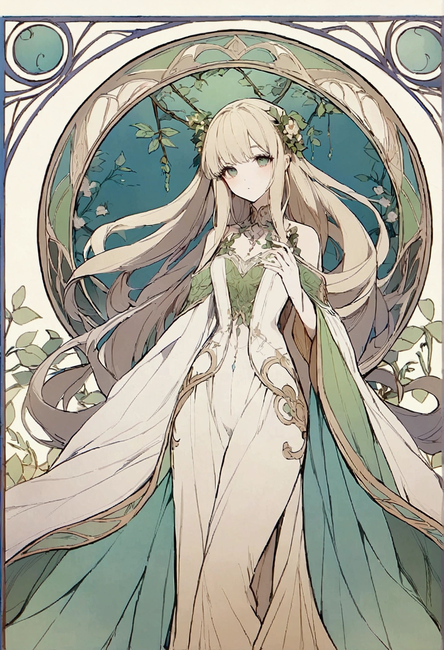 Please generate a document with「Mucha style」The outer frame。The outer frame design should have the characteristics of Art Nouveau style,Includes elegant curves、Intricate floral patterns and natural elements。The four corners of the outer frame can be extended with flowing plant vines,around the edge of the frame。Patterns of flowers and leaves should be symmetrically distributed above and below the outer frame,and extend to both sides,Form a complete and gorgeous border。Lines should be smooth and decorative,Soft colors,With elegant golden color、Beige and green tones。The overall frame should be elegant、romantic atmosphere,體現出Mucha style的藝術美感。