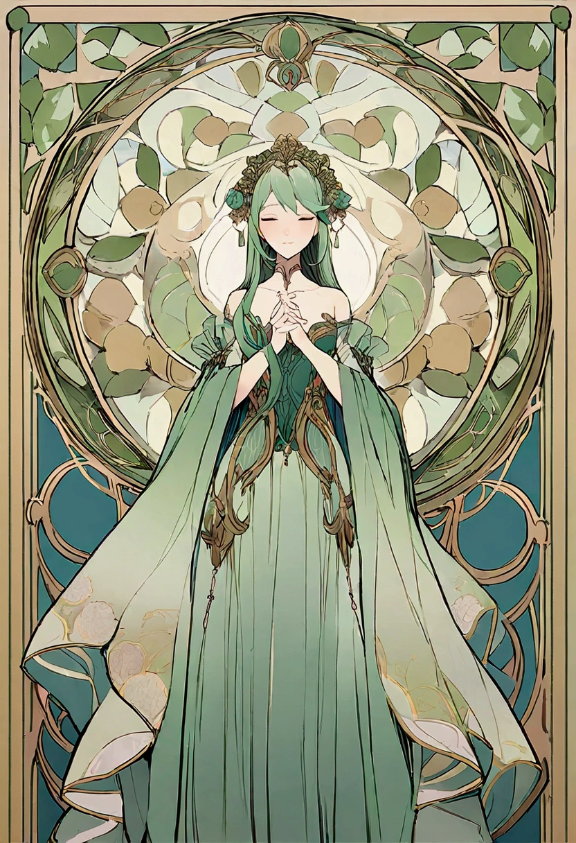 Please generate a document with「Mucha style」The outer frame。The outer frame design should have the characteristics of Art Nouveau style，Includes elegant curves、Intricate floral patterns and natural elements。The four corners of the outer frame can be extended with flowing plant vines，around the edge of the frame。Patterns of flowers and leaves should be symmetrically distributed above and below the outer frame，and extend to both sides，Form a complete and gorgeous border。Lines should be smooth and decorative，Soft colors，With elegant golden color、Beige and green tones。The overall frame should be elegant、romantic atmosphere，體現出Mucha style的藝術美感。