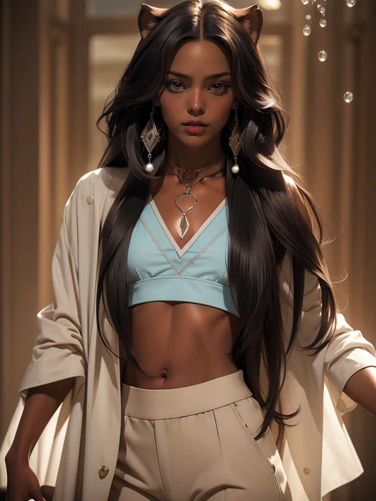((Beautiful man:1)) , ((dark skin:1)), ((extremely long hair:1.5)) , ((black hair:1.3)) , ((male features:1.2)), (((male:1))) , full lips , light blue eyes, ((Skinny build)) ,effeminate , ((has a center part in hair:1.2)),((straight hair:1.3)) , ((crop top:1.5)), Bishounen, possess delicate and androgynous features , as a male , small waist, thin , ((femboi:1.3)), ((femboy:1.3)), ((big lips:1.3)) ((blowout hairstyle:1)) , ((sleek hair:1)), ((has a middle part in hair:1.4)), (((male:1))) , ((panther ears, panther ears on head:1.2)), ((flat chest:1.3)), ((male chest:1.8)),
Top: A tailored, coffee-colored blouse with a high collar and intricate, water-inspired patterns embroidered in subtle shades of beige and cream. The fabric has a slight sheen, reminiscent of water reflecting light.
Bottoms: Slim-fit, high-waisted trousers in a complementary neutral shade, designed to be both stylish and comfortable. The trousers have sharp creases and elegant lines.
Footwear: Sleek, minimalist ankle boots in a matching neutral tone, with subtle details that echo the water theme, such as wave-like patterns.
Accessories:
* A delicate, silver necklace with a pendant shaped like a coffee bean, adorned with a tiny droplet of water at the tip.
* Elegant, understated earrings that resemble droplets of water, adding a touch of sparkle to her look.
* A lightweight, beige trench coat