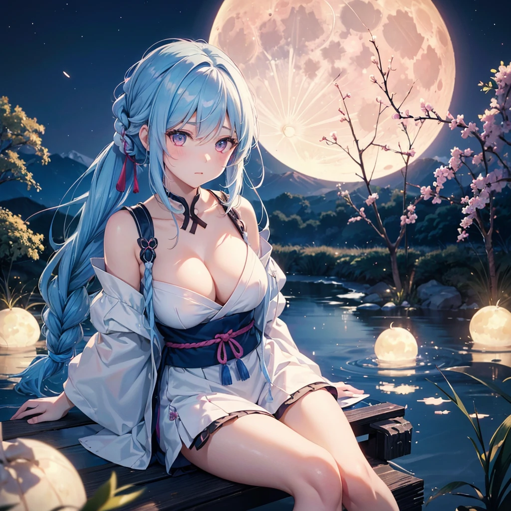 Sky blue hair, (Braided Ponytail:1.2), Pink eyes,Fair skin ,(whole body),(One Girl),Tsukimi,(White sweet dumplings ),White round dumplings,Japanese pampas grass,(beautiful, Full moon shining in the night sky),(masterpiece, Highest quality, Very detailed, Best Shadow), (Detailed Background), (Beautifully detailed face), High Contrast, (Best lighting, Very delicate and beautiful), ((Cinematic Light)), colorful, Hyper Detail,8k, Dramatic Light, Intricate details,Sit and eat dumplings while watching the moon,(Shadow of a rabbit on the moon),mysterious