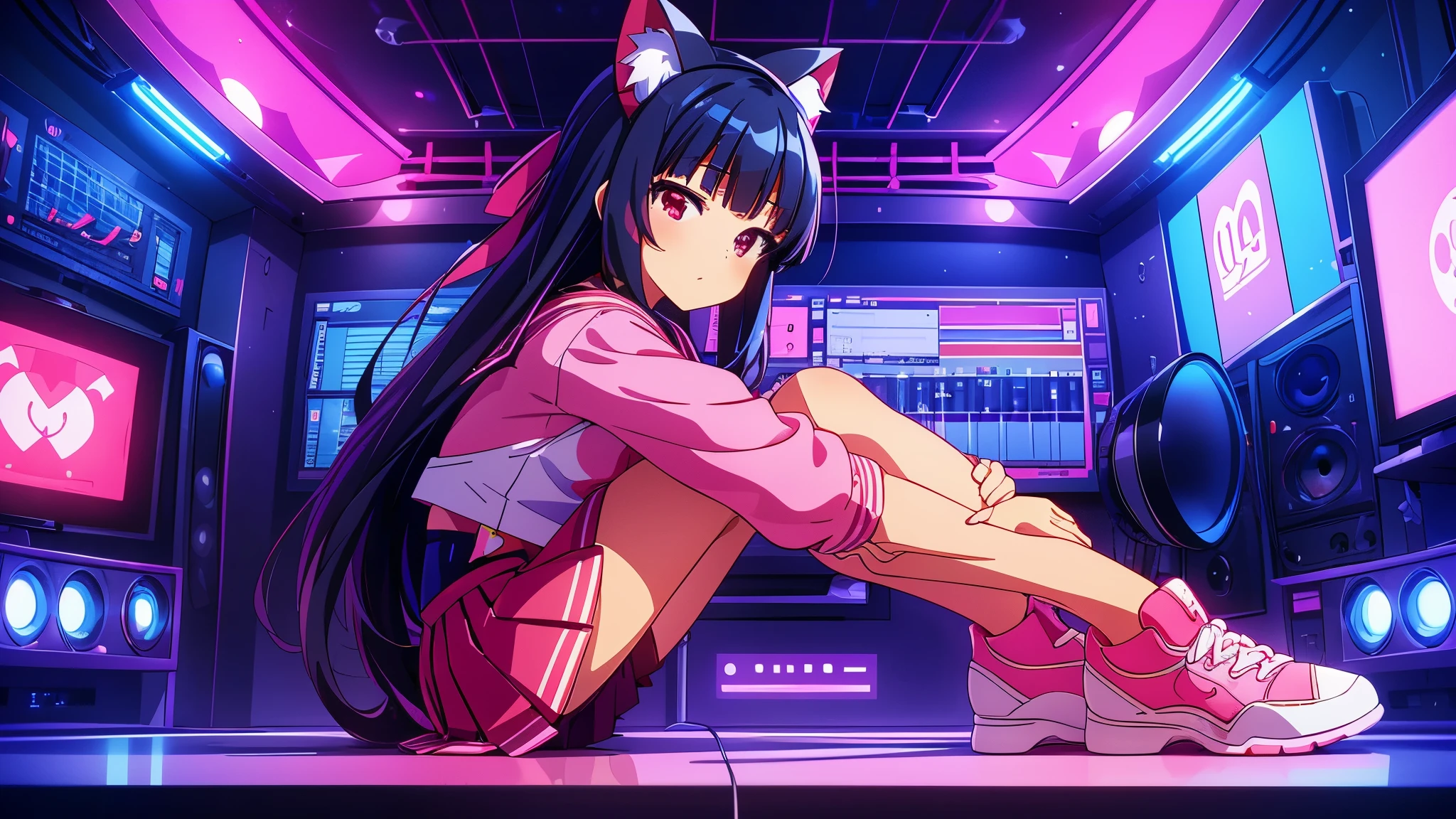 beautiful girl incredible quality perfect anatomy nekomimi 4k vtuber with red eyes multiple color blue and black hair with pink ribbon Short pleated skirt sailor style blouse long sleeve white long stockings pink tennis shoes with black vtuber youtuber in recording studio room PC gamer in the background and cyberpunk LED lights
