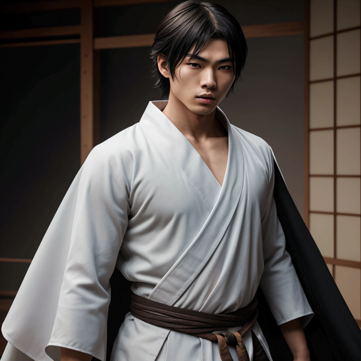 an eighteen year old Japanese man with a razualvemte full physique, have fair skin, I want you to have blue eyes and your hair covers your left eye with bangs, one eye covered by bangs, has a serious expression, and wears a white kimono, has a black cape on its back and has a strong look.. captured in an ultra-realistic full HD 4K portrait, detailed texture showing its menacing shape, Immersive atmosphere, high definition shadow play, digitalpainting, nevoa no environment.