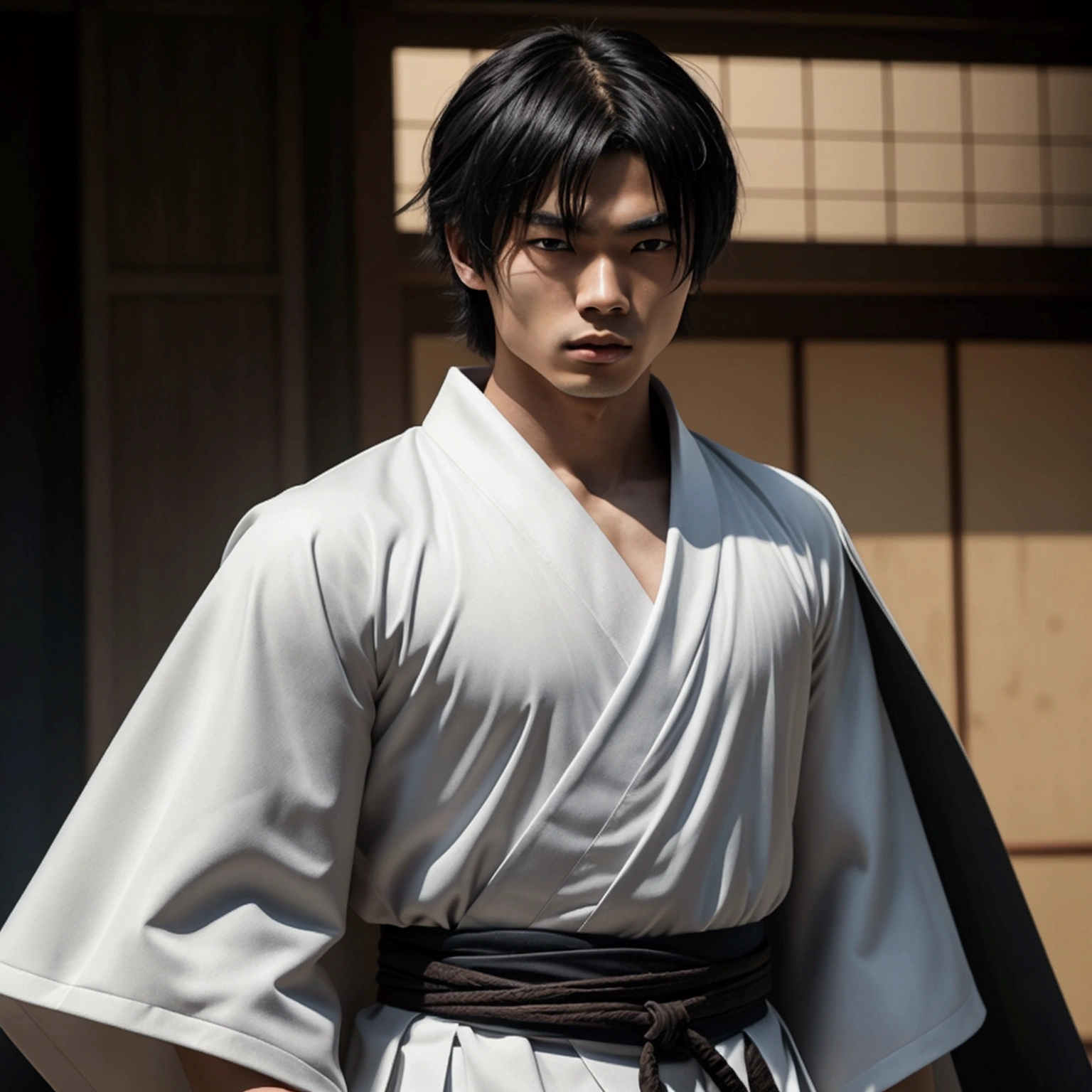 an eighteen year old Japanese man with a razualvemte full physique, have fair skin, I want you to have blue eyes and your hair covers your left eye with bangs, one eye covered by bangs, has a serious expression, and wears a white kimono, has a black cape on its back and has a strong look.. captured in an ultra-realistic full HD 4K portrait, detailed texture showing its menacing shape, Immersive atmosphere, high definition shadow play, digitalpainting, nevoa no environment.
