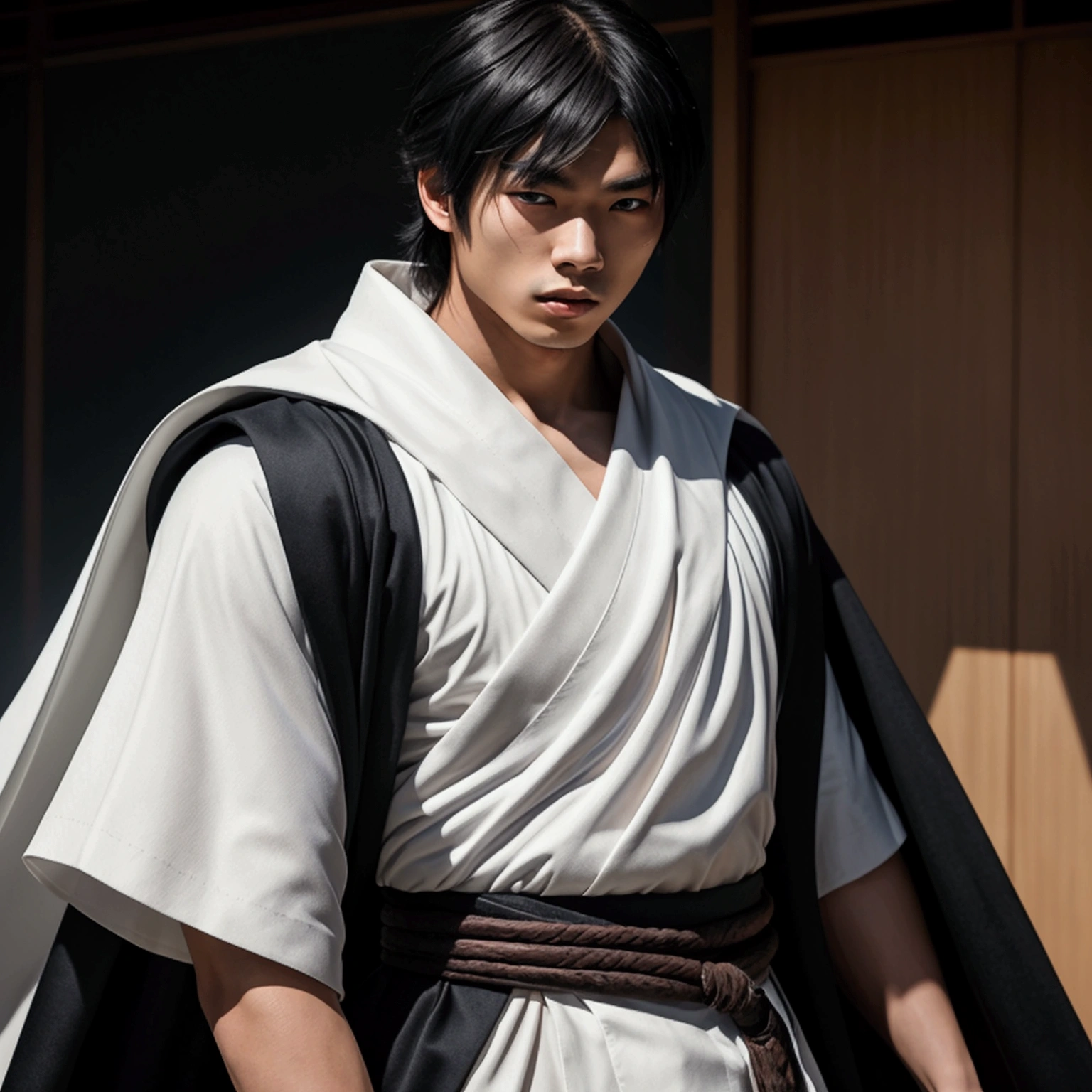 an  year old Japanese man with a razualvemte full physique, have fair skin, I want you to have blue eyes and your hair covers your left eye with bangs, one eye covered by bangs, has a serious expression, and wears a white kimono, has a black cape on its back and has a strong look.. captured in an ultra-realistic full HD 4K portrait, detailed texture showing its menacing shape, Immersive atmosphere, high definition shadow play, digitalpainting, nevoa no environment.