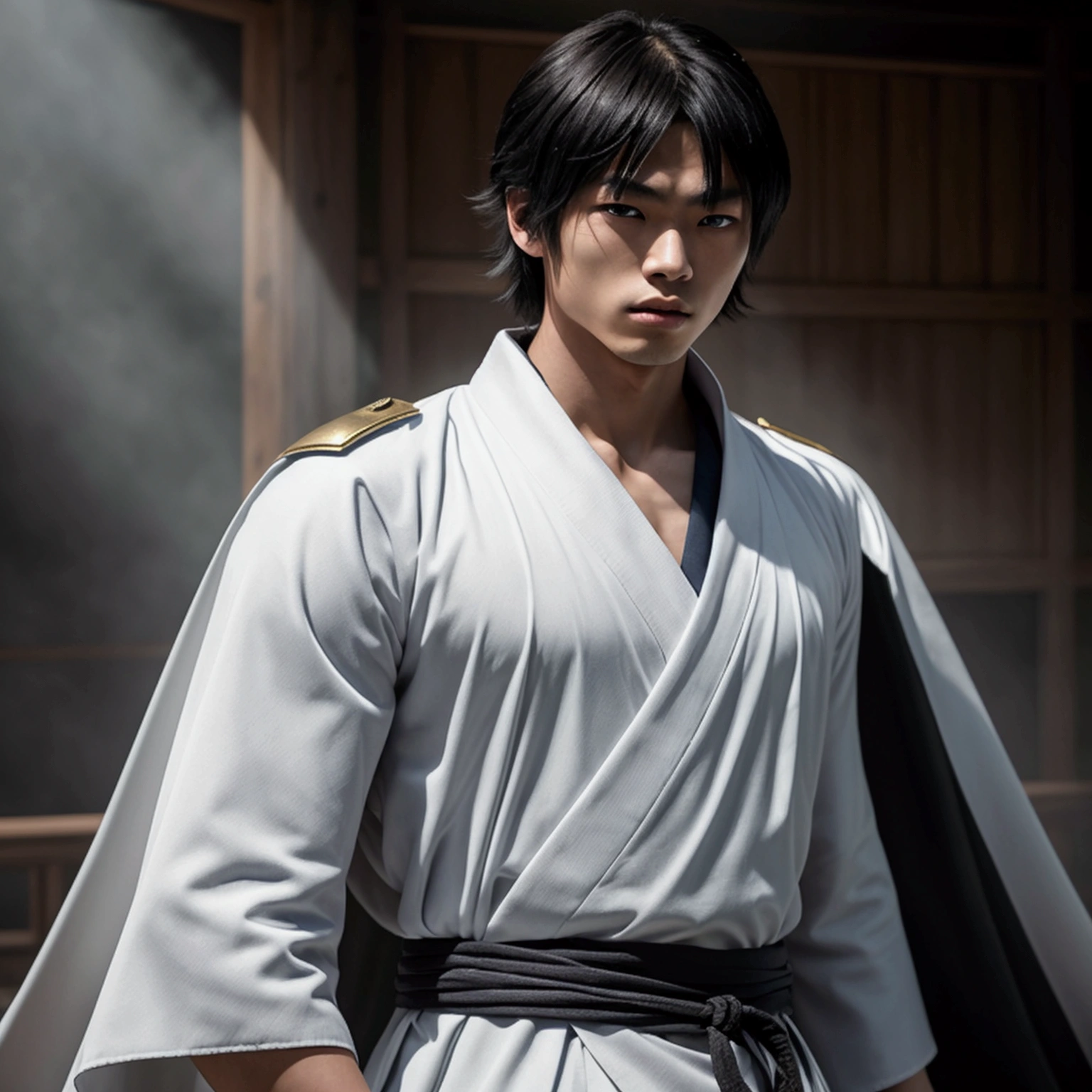 an eighteen year old Japanese man with a razualvemte full physique, have fair skin, I want you to have blue eyes and your hair covers your left eye with bangs, one eye covered by bangs, has a serious expression, and wears a white kimono, has a black cape on its back and has a strong look.. captured in an ultra-realistic full HD 4K portrait, detailed texture showing its menacing shape, Immersive atmosphere, high definition shadow play, digitalpainting, nevoa no environment.