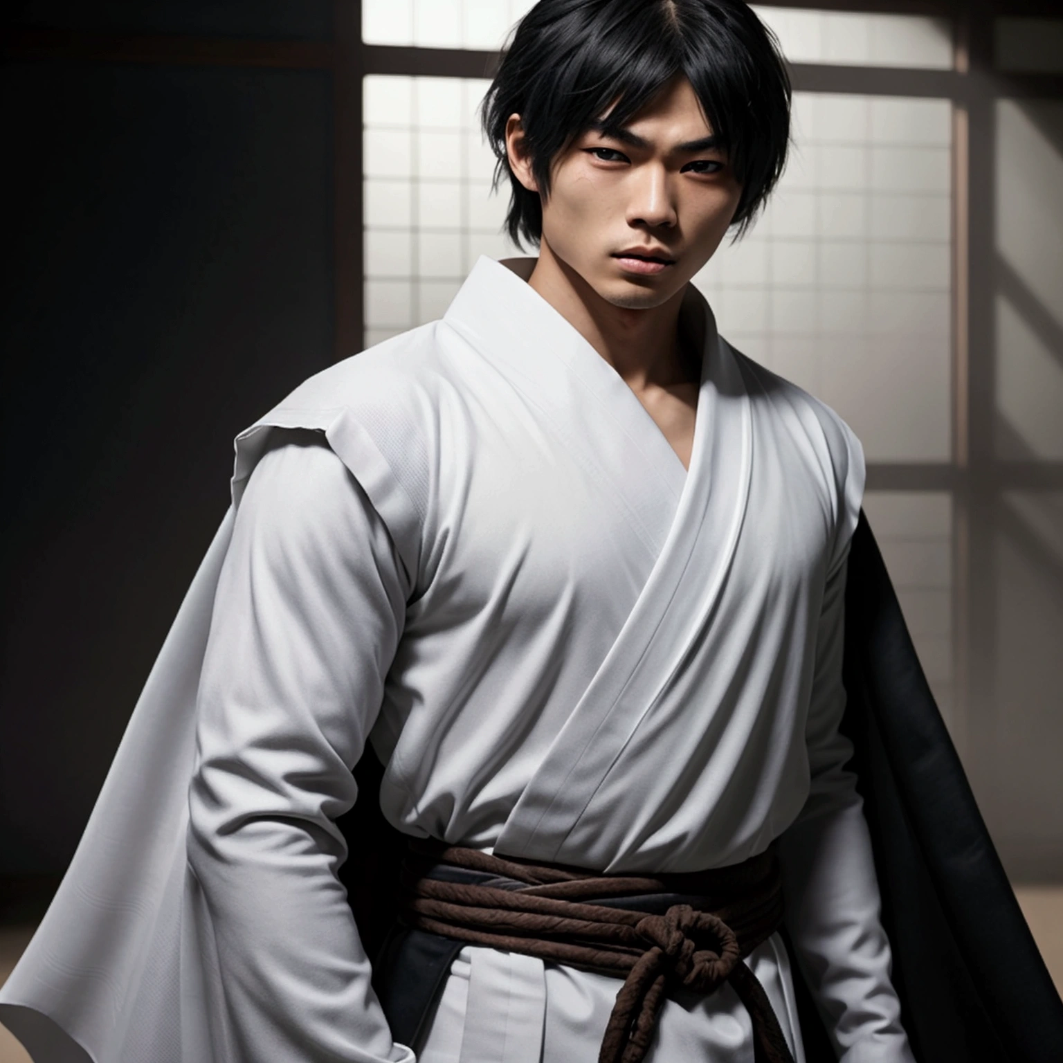 an eighteen year old Japanese man with a razualvemte full physique, have fair skin, I want you to have blue eyes and your hair covers your left eye with bangs, one eye covered by bangs, has a serious expression, and wears a white kimono, has a black cape on its back and has a strong look.. captured in an ultra-realistic full HD 4K portrait, detailed texture showing its menacing shape, Immersive atmosphere, high definition shadow play, digitalpainting, nevoa no environment.