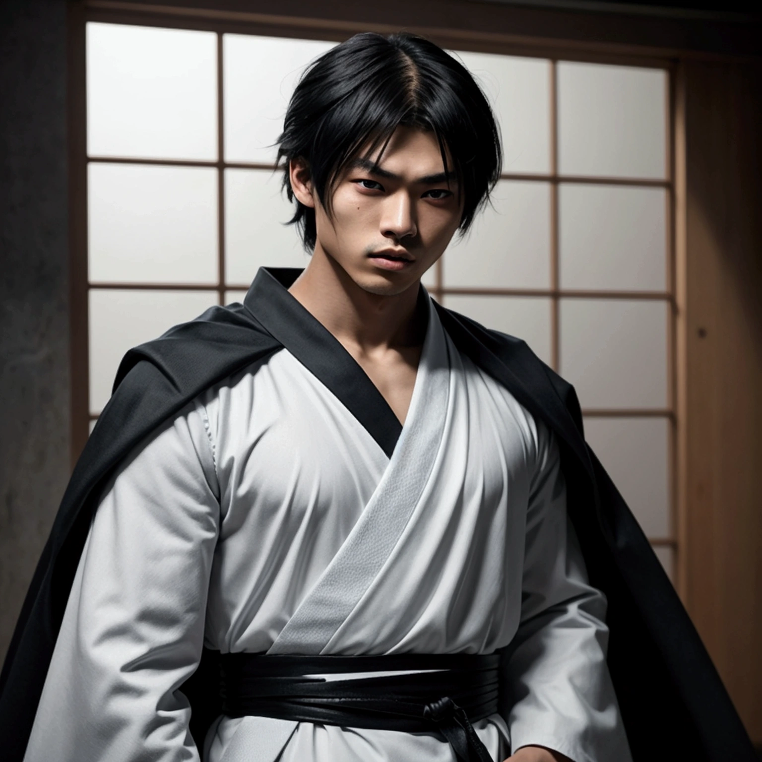 an eighteen year old Japanese man with a razualvemte full physique, have fair skin, I want you to have blue eyes and your hair covers your left eye with bangs, one eye covered by bangs, has a serious expression, and wears a white kimono, has a black cape on its back and has a strong look.. captured in an ultra-realistic full HD 4K portrait, detailed texture showing its menacing shape, Immersive atmosphere, high definition shadow play, digitalpainting, nevoa no environment.