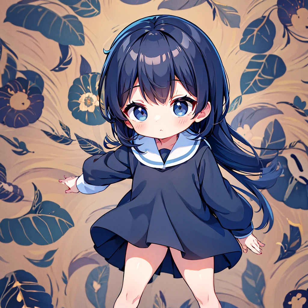 White background、Little、cute、5-year-old girl in navy blue sailor suit、Dynamic composition、Front facing the viewer、