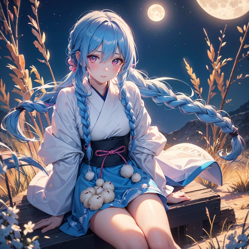 Sky blue hair, (Braided Ponytail:1.2), Pink eyes,Fair skin ,(whole body),(One Girl),Tsukimi,(White sweet dumplings ),White round dumplings,Japanese pampas grass,(beautiful, Full moon shining in the night sky),(masterpiece, Highest quality, Very detailed, Best Shadow), (Detailed Background), (Beautifully detailed face), High Contrast, (Best lighting, Very delicate and beautiful), ((Cinematic Light)), colorful, Hyper Detail,8k, Dramatic Light, Intricate details,Sit and eat dumplings while watching the moon,(Shadow of a rabbit on the moon),mysterious