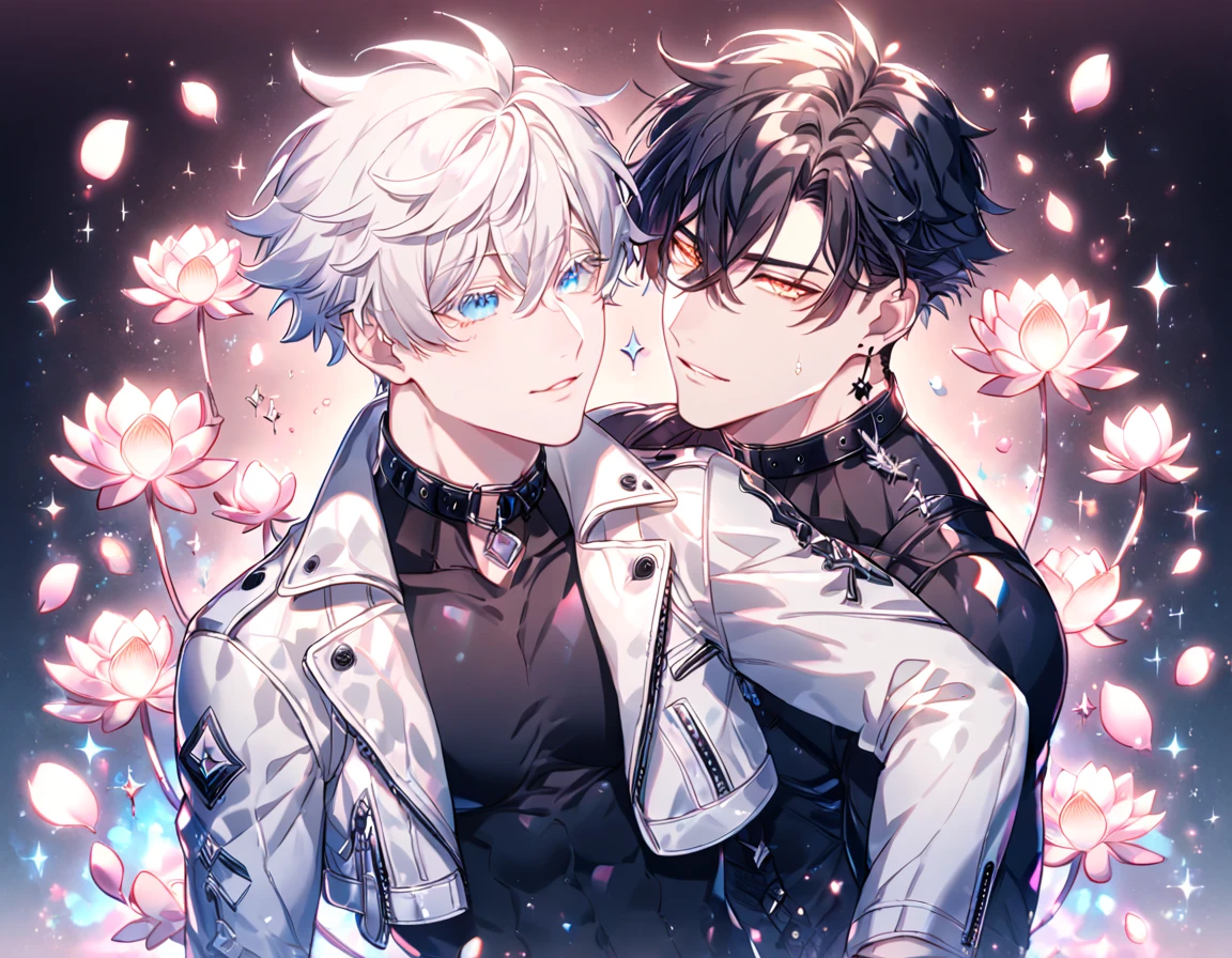 absurdres, highres, ultra detailed, HDR) master piece, best quality, Flamebringer, black hair, expressive orange eyes, black tight shirt, cropped leather jacket, black collar, black earrings, Arknights, Gojou Satoru, white hair, expressive blue eyes, white eyelashes, white coat, two sexy men together, yaoi, gay couple, handsome, magical, fantasy, pink butterflies, glittering, sparkling, pink lotus, petals, radiant, water, crystal glass style, manly man