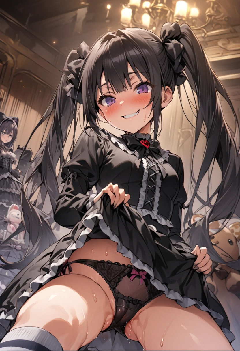 Ultra-high definition image quality、beautiful girl、high school girl、One Man、18-year-old、Twin tails、 Body Type、Striped knee socks、Devilish smile、Gothic Lolita Fashion、Black Hair、Big ribbon、Gothic Lolita Room、a large number of stuffed animals、Highest quality, Small Ass、Small breasts 、Slim figure、Thighs、Squat with your legs apart、gothic lolita panties、Sweaty buttocks、Sweaty buttocks、Reaching orgasm、Sweaty crotch、She turned her jacket inside out、Gothic Lolita exposed the good stuff。、Gothic Lolita is amazing、Angle from directly below、Obscene hip swing、Lift up your skirt