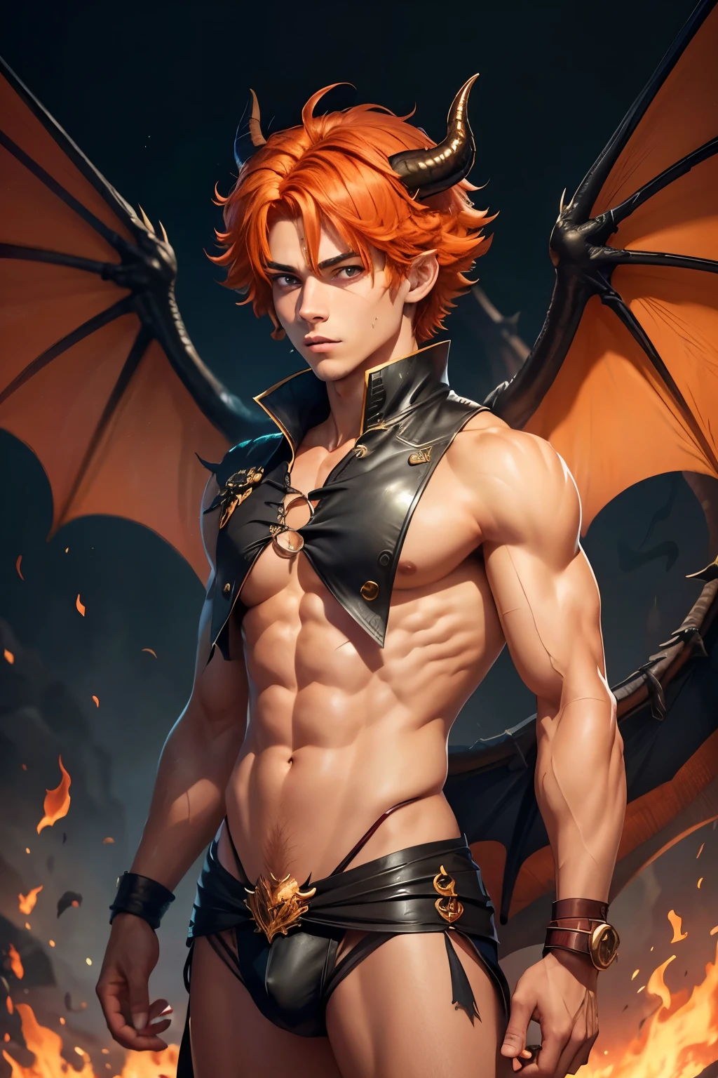 1boy, male, , cute face, tan skin, tanned skin, dragon wings, black wings, dragon tail, black tail, dragon horns, fire hair, flame hair, flaming hair, tangelo hair, orange hair, red hair, fiery hair, fiery mane, messy hair, fluffy hair, puffy hair, red eyes, cut eyebrow, sexy, skimpy, muscular, knight