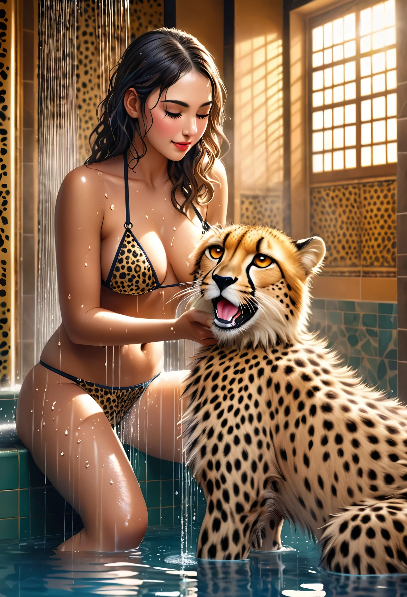 A beautiful young woman in a skimpy string bikini, happily showering with her large pet cheetah, joyfully scrubbing herself and the sad cheetah, hyper-realistic, photorealistic, 8k, masterpiece, award-winning photography, dramatic soft lighting, detailed facial features, detailed eyes, detailed lips, long eyelashes, buxom figure, shapely buttocks, serene expression, affectionate interaction with cheetah, lush tropical shower room setting, ornate tiled walls, steam and water droplets, dynamic composition, vibrant colors, cinematic quality