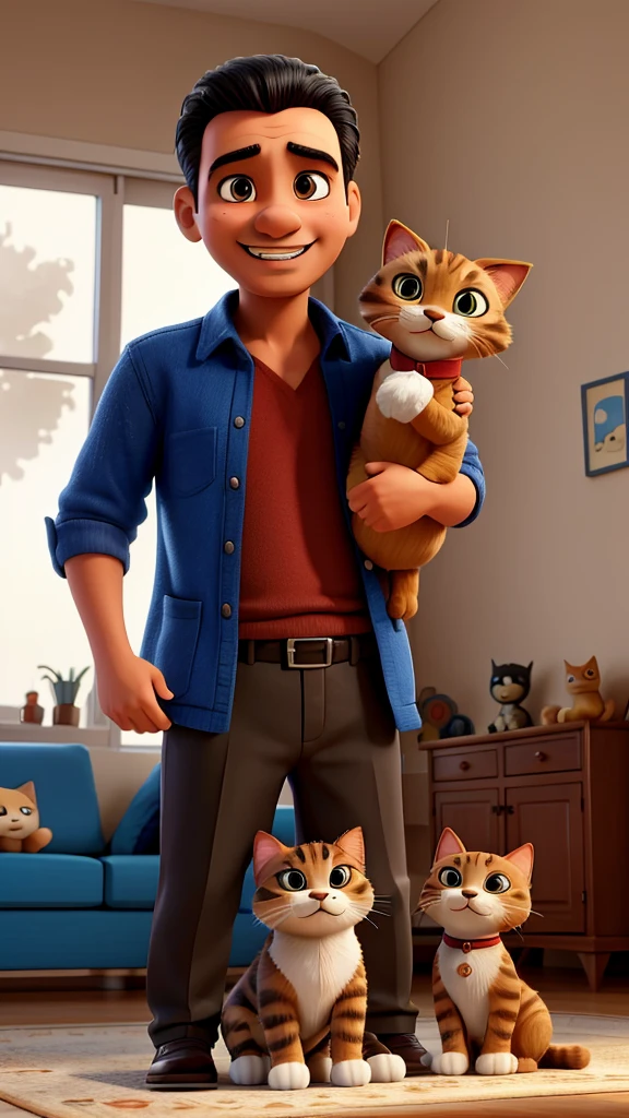 Picture of Arif, a man playing with Leo in the living room. Arif smiles and Leo the cat looks happy with his toy.