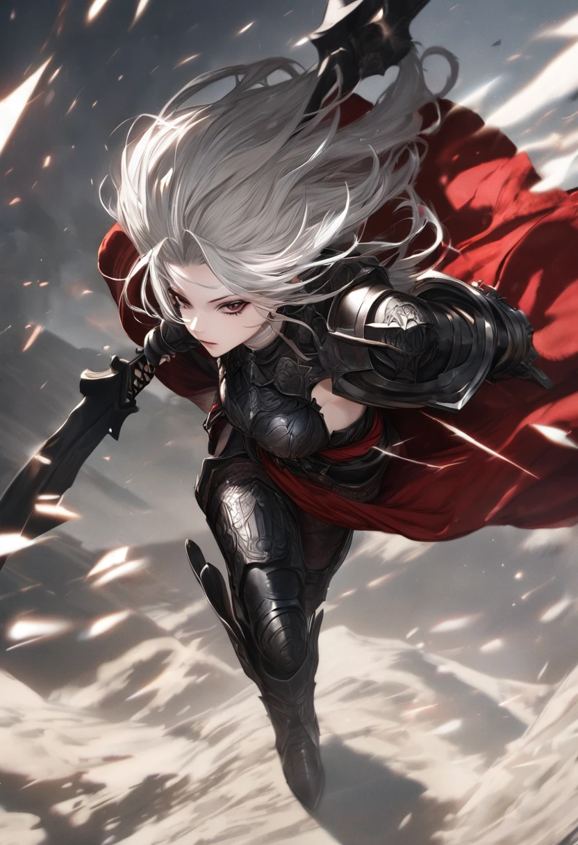 punctuation_9, punctuation_8_High above, punctuation_7_High above, textura de pele realista, detailed image of the anime, HD32k, hight contrast, textura de pele realista, dark eye makeup, beautiful female warrior, long white hair, medium breasts, aretes, dark and black fantasy armor with red cape, holding a sword in each hand, on a deserted battlefield, facefocus