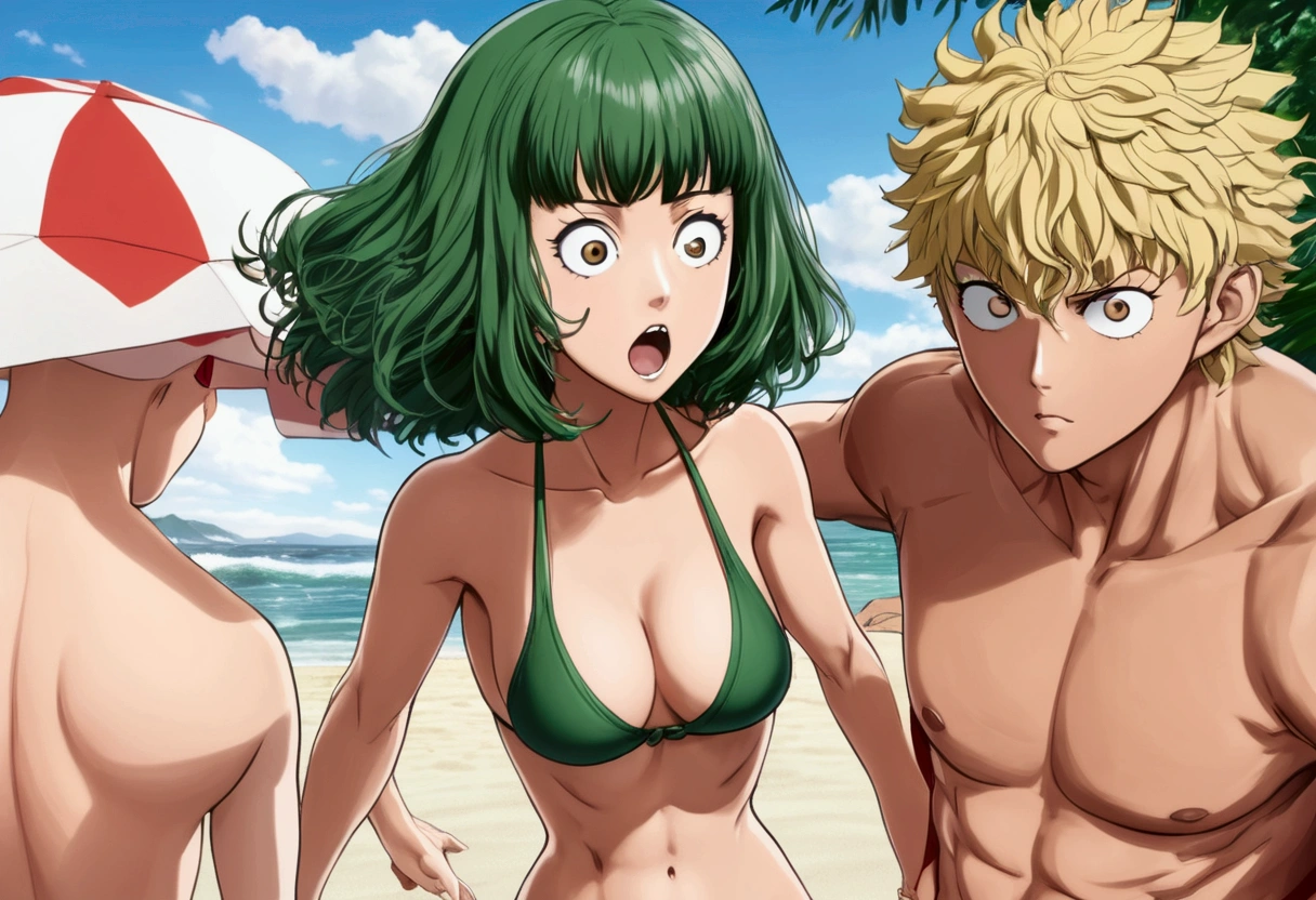 One Punch Man Tatsumaki (hyper realistic, age 17, big eyes, sexy 2 piece bikini) yelling at Saitama (second subject: Saitama, pasty complexion, no shirt, swim trunks, looking confused), beach